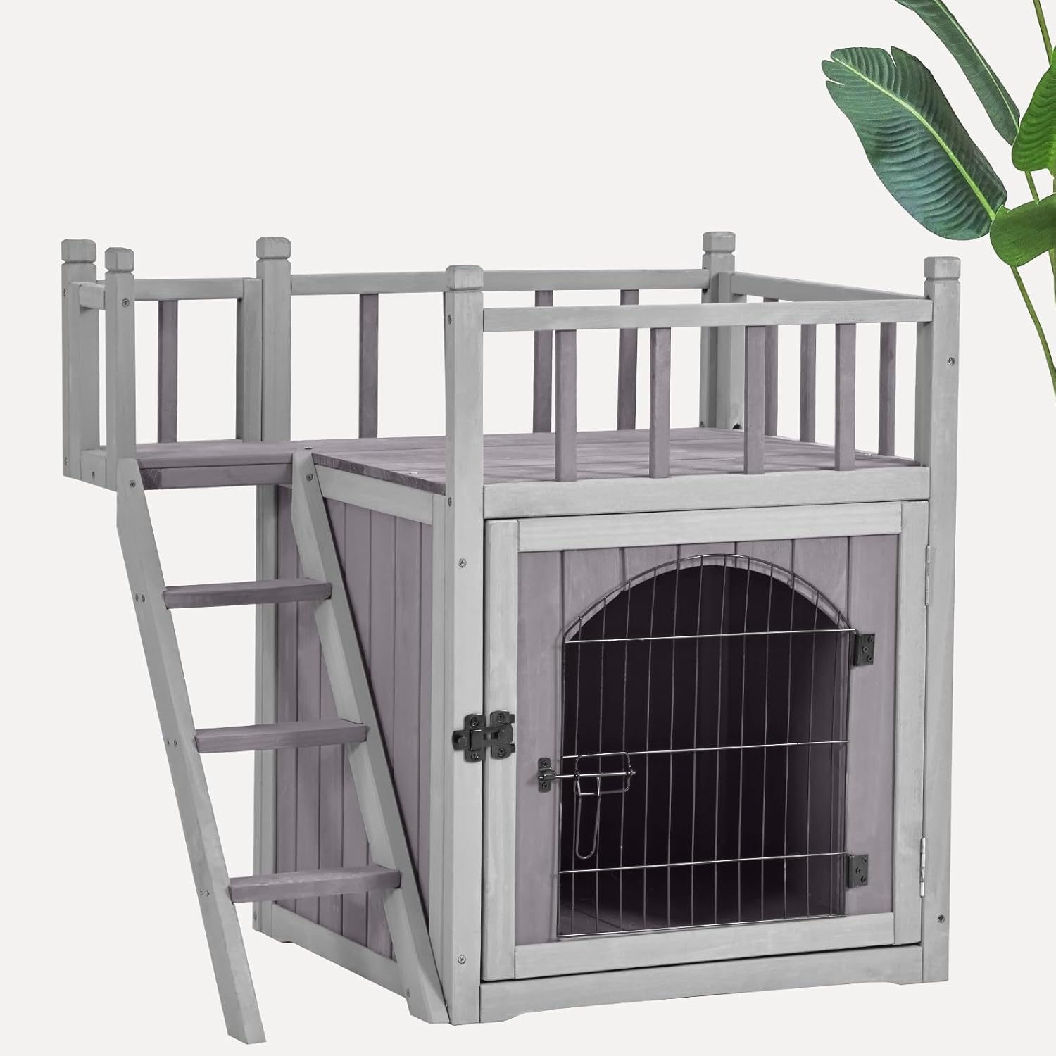 Cat House Outdoor or Indoor, Wooden Feral Cat Shelter with Large Balcony and Stairs, Kitty House with Lockable Wire Door