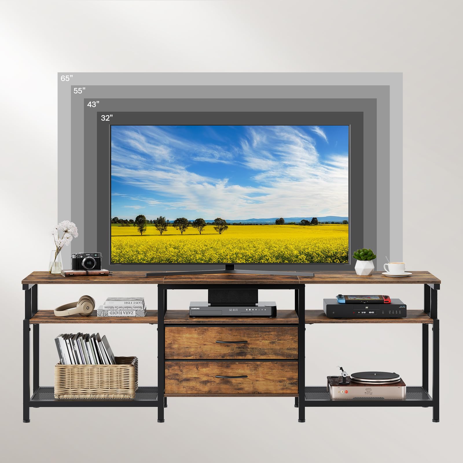 HOOBRO Mueble de TV, Soporte de Televisores de hasta 75 Pulgadas, Mueble Multimedia con Almacenamiento, Consola para TV con Estantes y 2 Cajones, para Salon, Marrón Rústico y Negro EBF55DS01