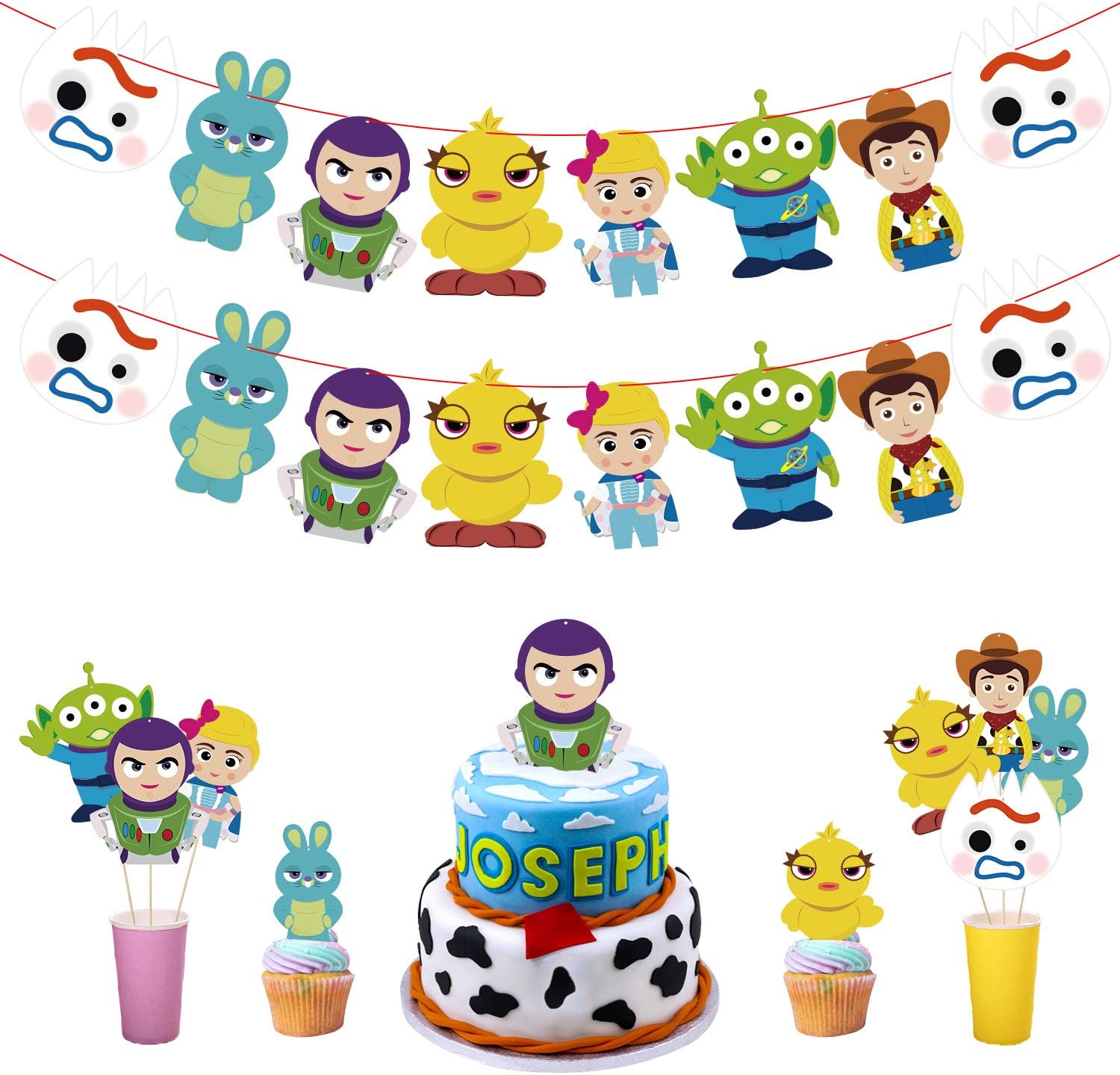 Ticiaga 48pcs Toy Inspired Story DIY Cut-outs Party Decoration, Double Sided Toy 4th Centerpiece Sticks Table Topper for Kids, Party Banner Bunting Decor, Fork Buzz Cake Topper, Photo Booth Props