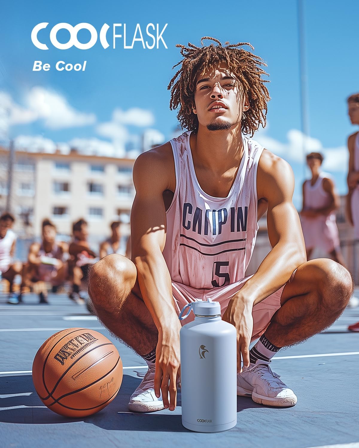 Coolflask 128 oz Gallon Water Bottle Insulated with Straw&3 Lids, Water Jug Large Stainless Steel Metal Vacuum Wide Mouth for Sports, Gym or Office, Non-BPA Keep Cold 48H Hot 24H, Light Blue