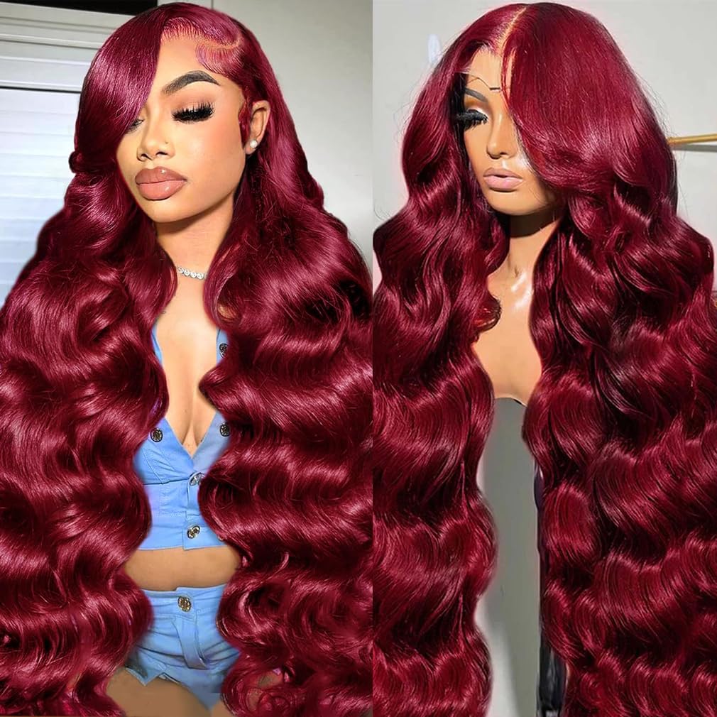 250% Density 28 Inch Burgundy Wig Human Hair 13x6 99j Body Wave Lace Front Wigs Human Pre Plucked 100% Real Human Hair No Synthetic Blend No Tangle No Shedding Triple Lifespan 3X