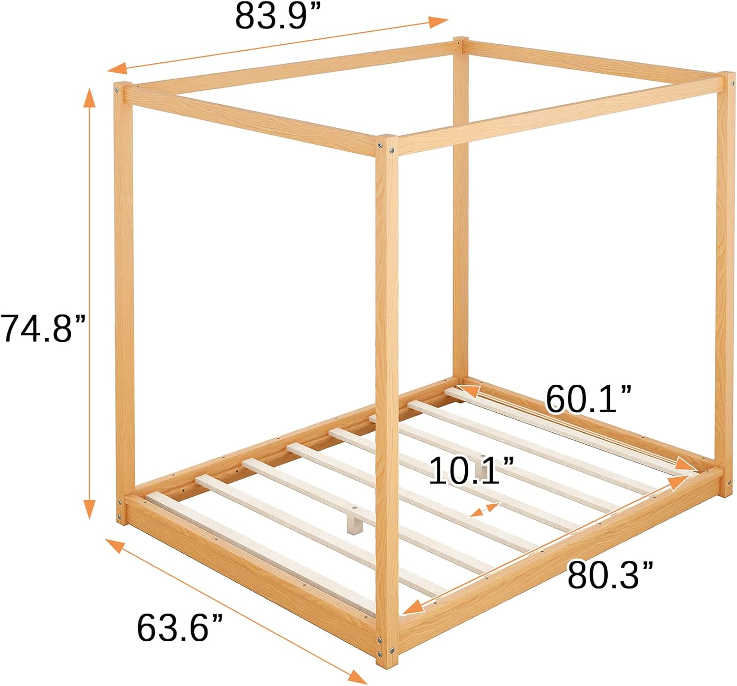 Canopy Daybed with 4 Post, Wood Bed Frame with Support Legs, Floor Play House Bed with Solid Construction for Teens Boys Girls, Can be Decorated, No Box Spring Needed (Natural, Queen)