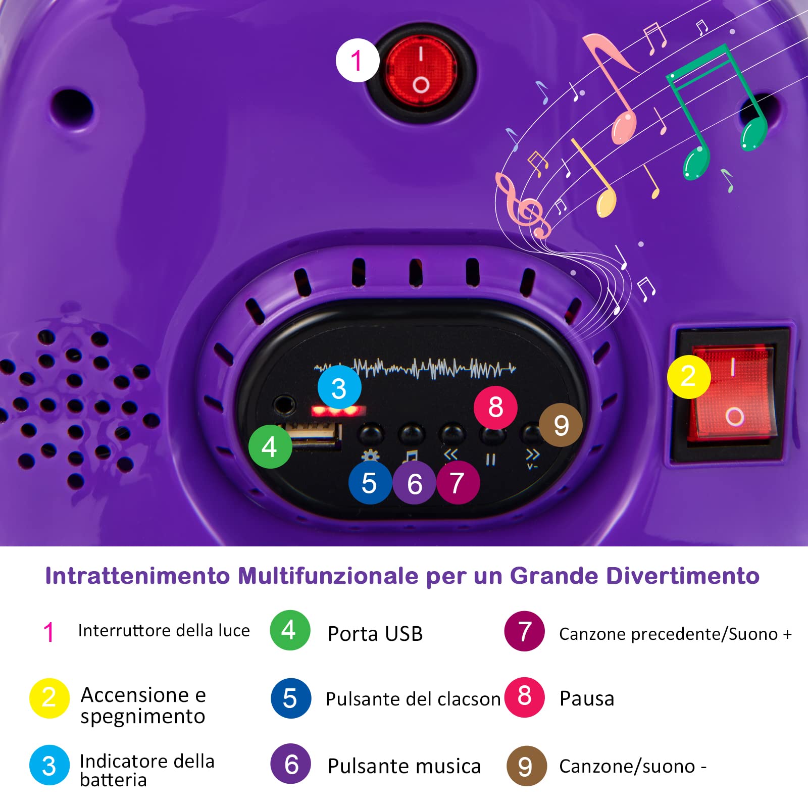 COSTWAY 6V Autoscontro Elettrico per Bambini, Veicolo Elettrico con Telecomando, Girevole a 360°, Luci LED Colorate e Cintura di Sicurezza Regolabile, 37-95 Mesi (Viola)