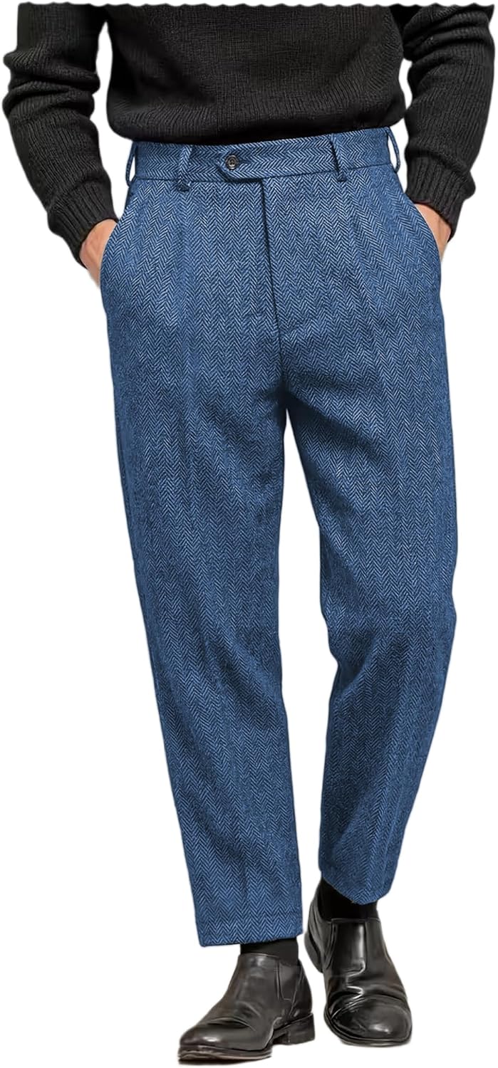 Men's Tweed Pants Herringbone Thick Wool Pleated Front Dress Suit Vintage Trousers