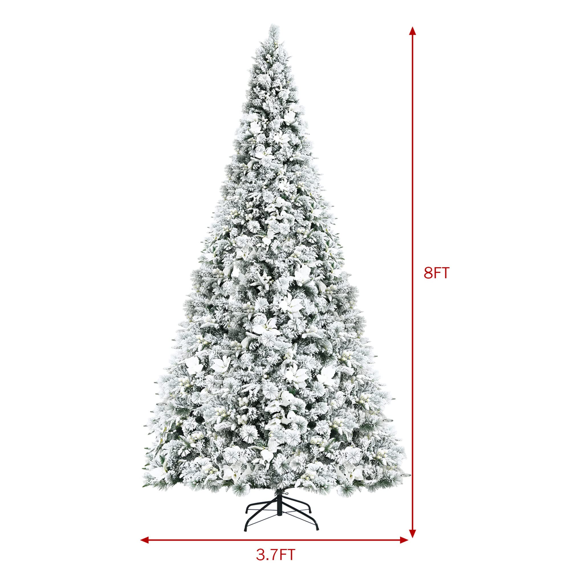DORTALA 8 FT Artificial Snow Flocked Christmas Tree Hinged Xmas Tree w/Metal Stand, White Berries & Poinsettia Flowers, Décor for Home, Office, Party, Wedding