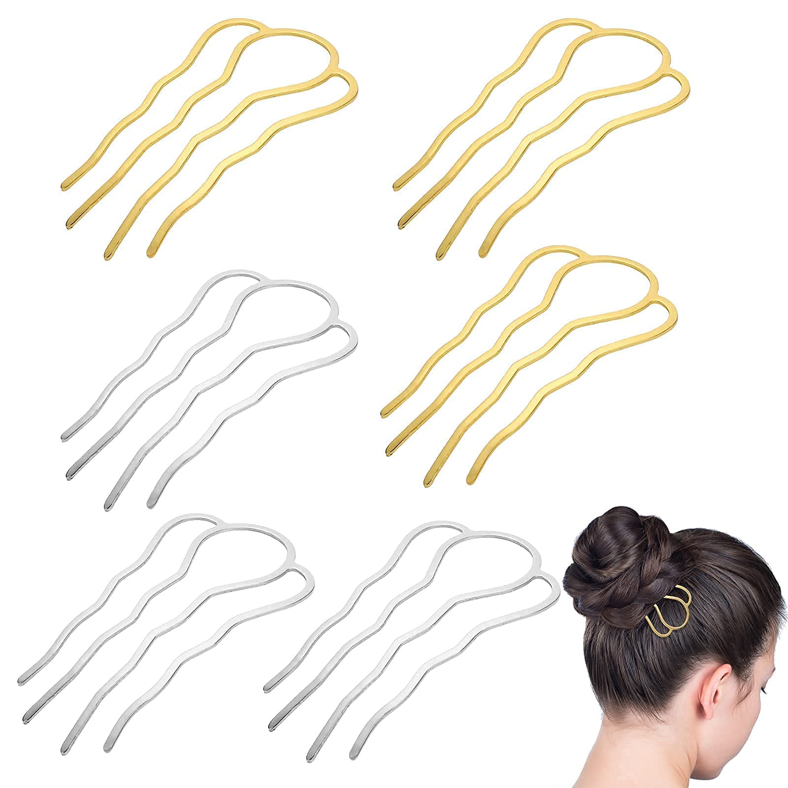 Metall haargabel haarclips Stick 6 stücke 90 mm u Form Haar pin bun stecker Halter Gold Silber Haar Styling Tool (Color : Golden Silver)