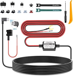 Dash Cam Hardwire Kit, USB-C Port 4m Hard Cable Kit for Car Charger, Power Cord 12V/24V to 5V 2.5A Charging Cable with 4 Power Adapters 3 Fuses for Dashcam GPS etc