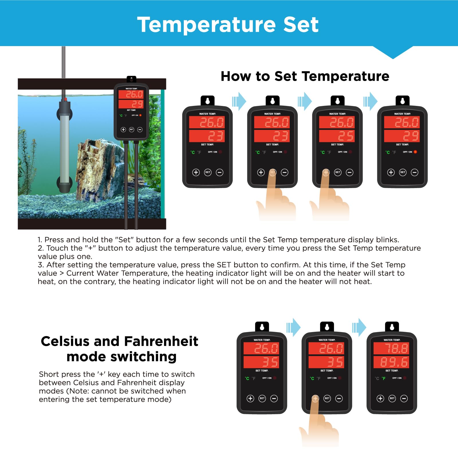 Calentador de acuario de titanio de 500 W, calentador sumergible para pecera con controlador de temperatura de pantalla digital, ajustable de 0 ℃ a 40 ℃, calentamiento rápido para pecera de