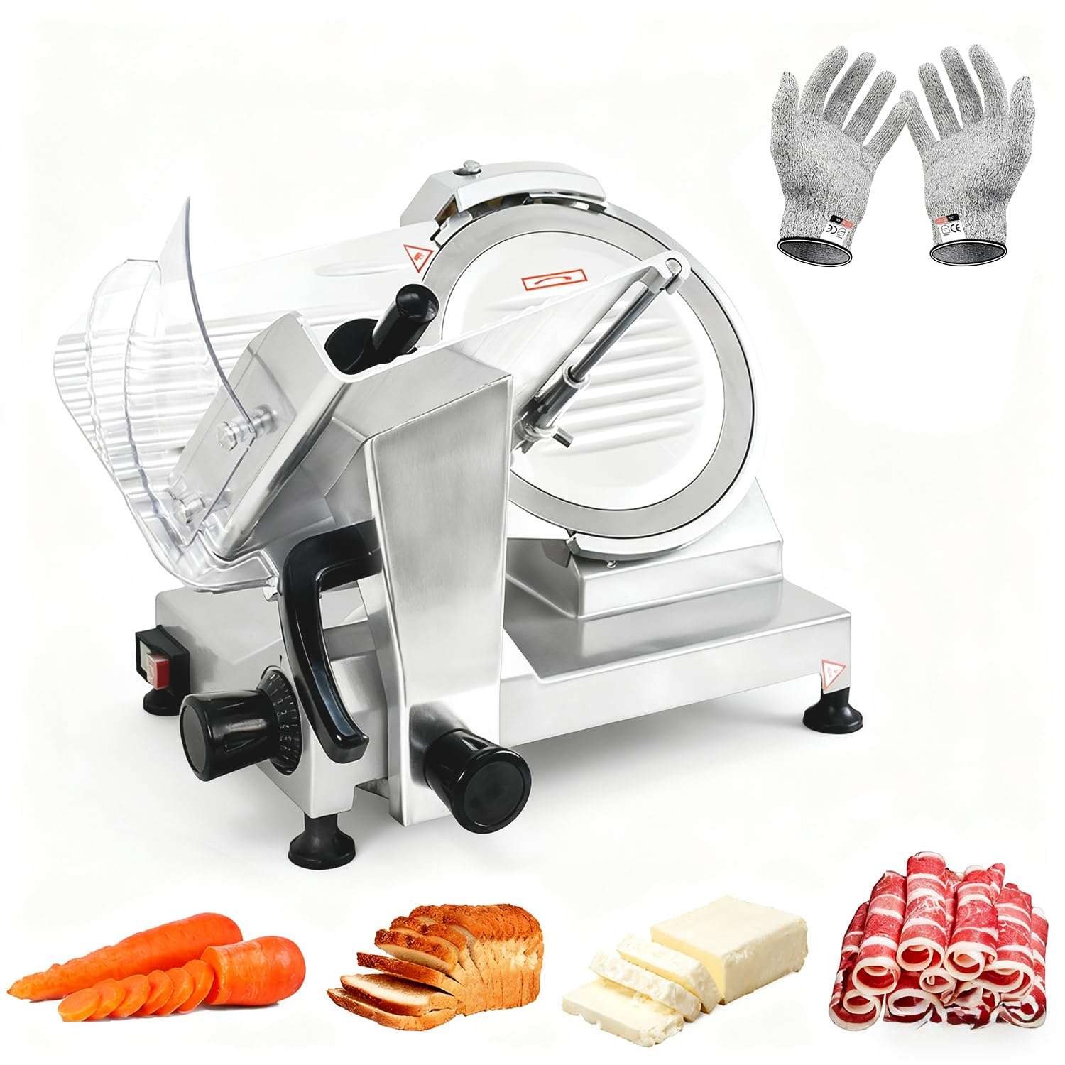 ctj commercial 10" meat slicer electric food slicers 150w meat cutter machine for commercial and home use with cut-resistant gloves for cutting deli, vegetables, hard bread, cheese, ham