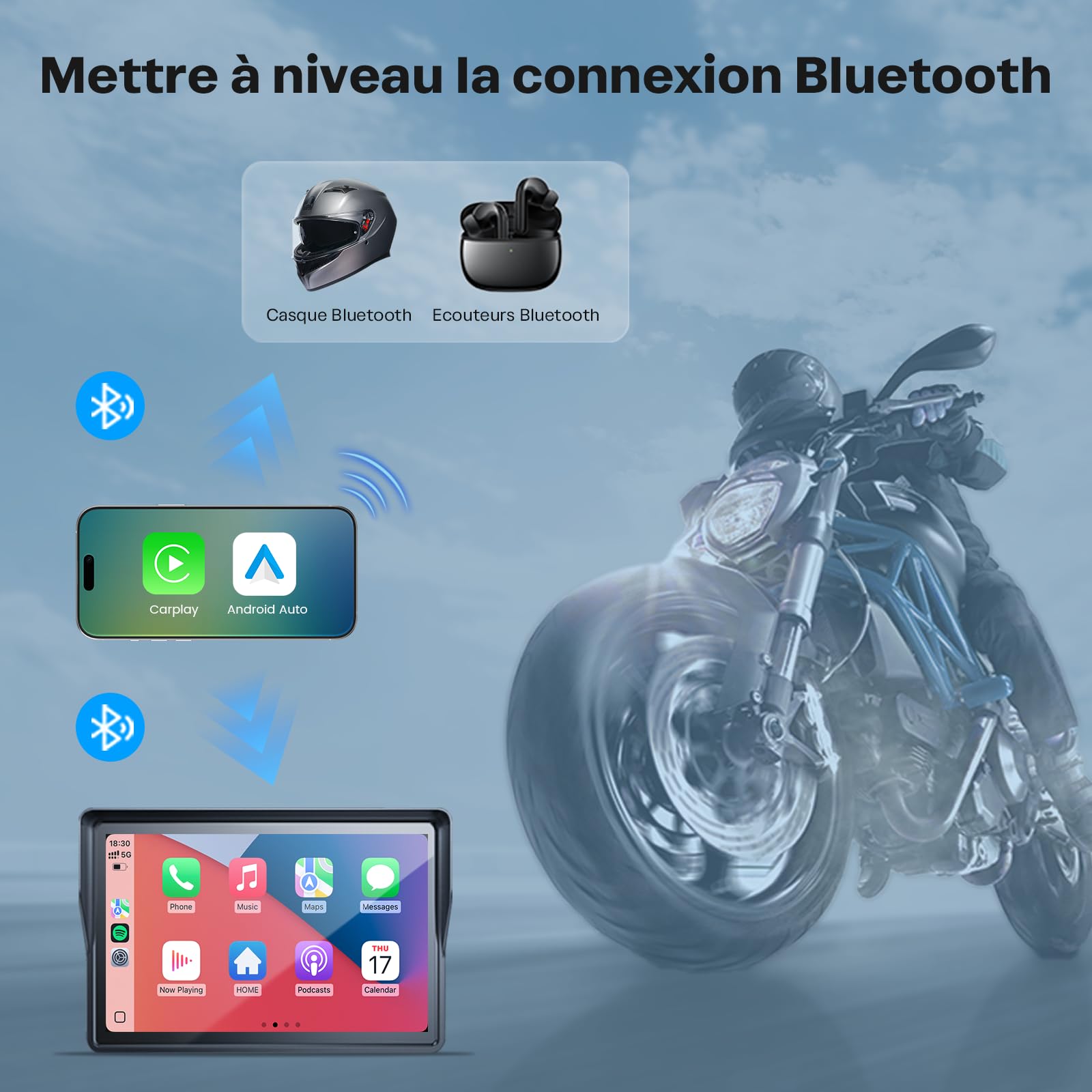 WonVon Sistema di navigazione GPS Carplay per moto da 5 pollici con Apple Carplay e schermo portatile automatico Android con Dual Bluetooth, navigazione, Siri, Google Assistant