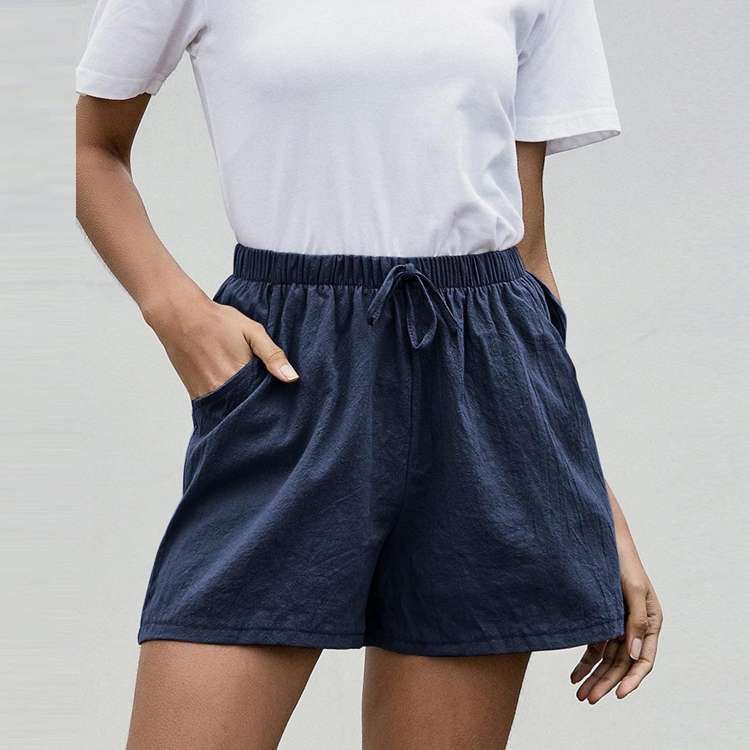 Linen Shorts Womens Summer Casual Comfy Loose Fit High Waisted Drawstring Flowy Beach Trouser Pants with Pockets