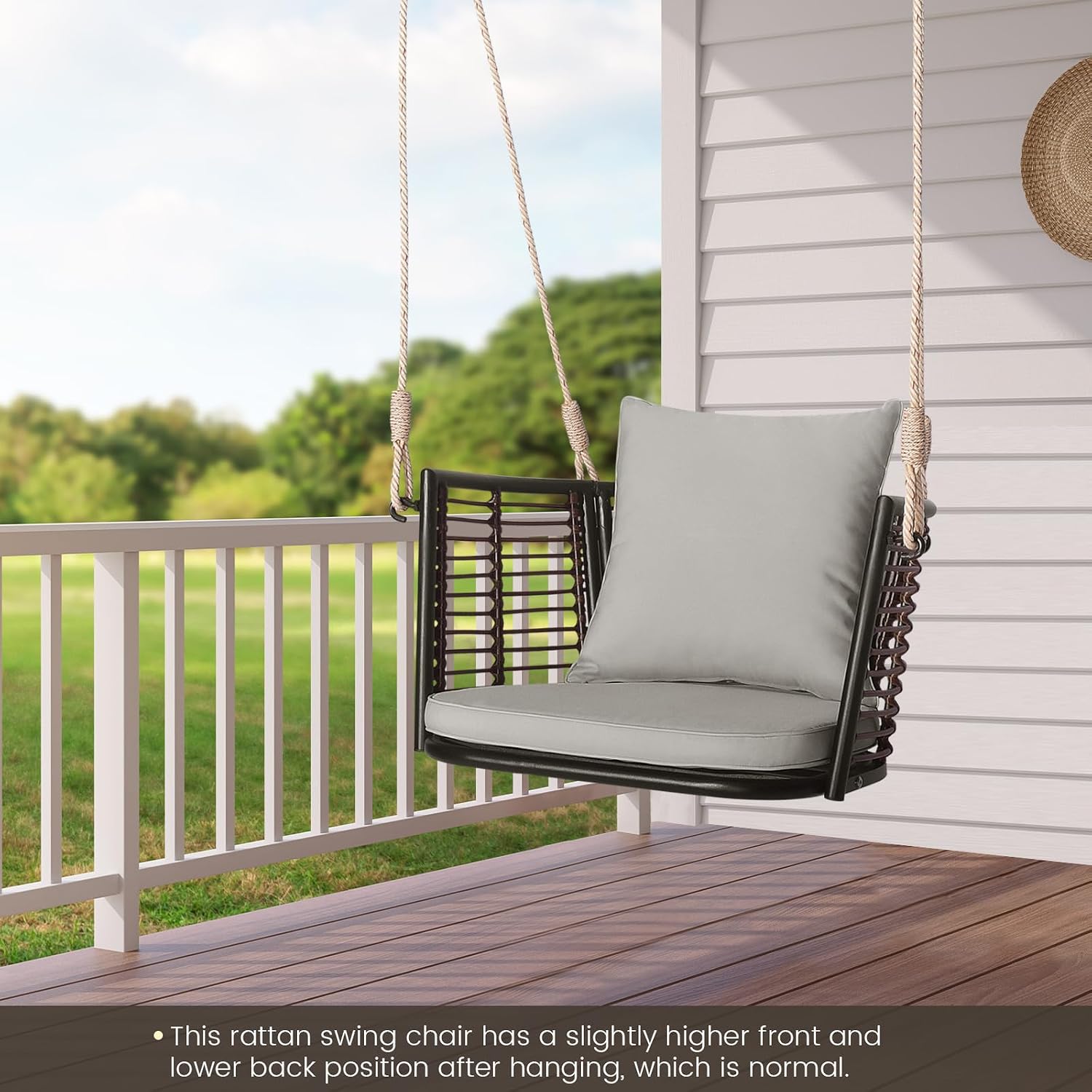 HAPPYGRILL Porch Swing Patio Hanging Rattan Basket Chair, Swing Hammock Chair with Seat Cushion & Back Cushion, PE Rattan, Sturdy Metal Frame, Wicker Hanging Rope Swing, (Grey)