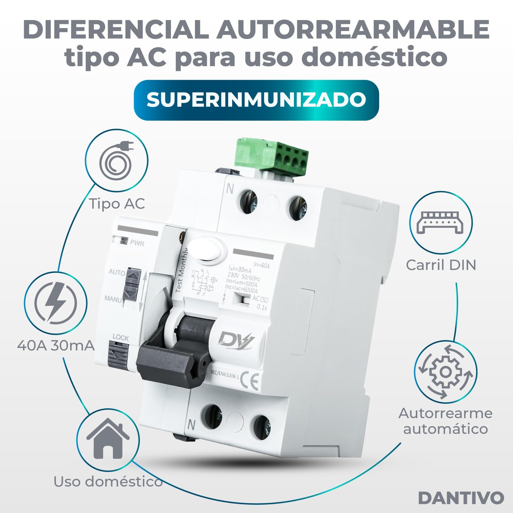 Diferencial Auto Rearmable 40A 30mA Tipo AC 2P – Interruptor Diferencial Rearme Automático Carril DIN – Diferencial Autorrearmable Automático Protección Eléctrica — view 3
