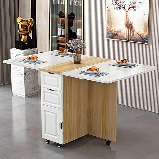 Folding Dining Table, Collapsible Drop Leaf Extension with Wheels and Drawers, Space Saving Solution for Dining Room, Kitchen, and Leisure Areas