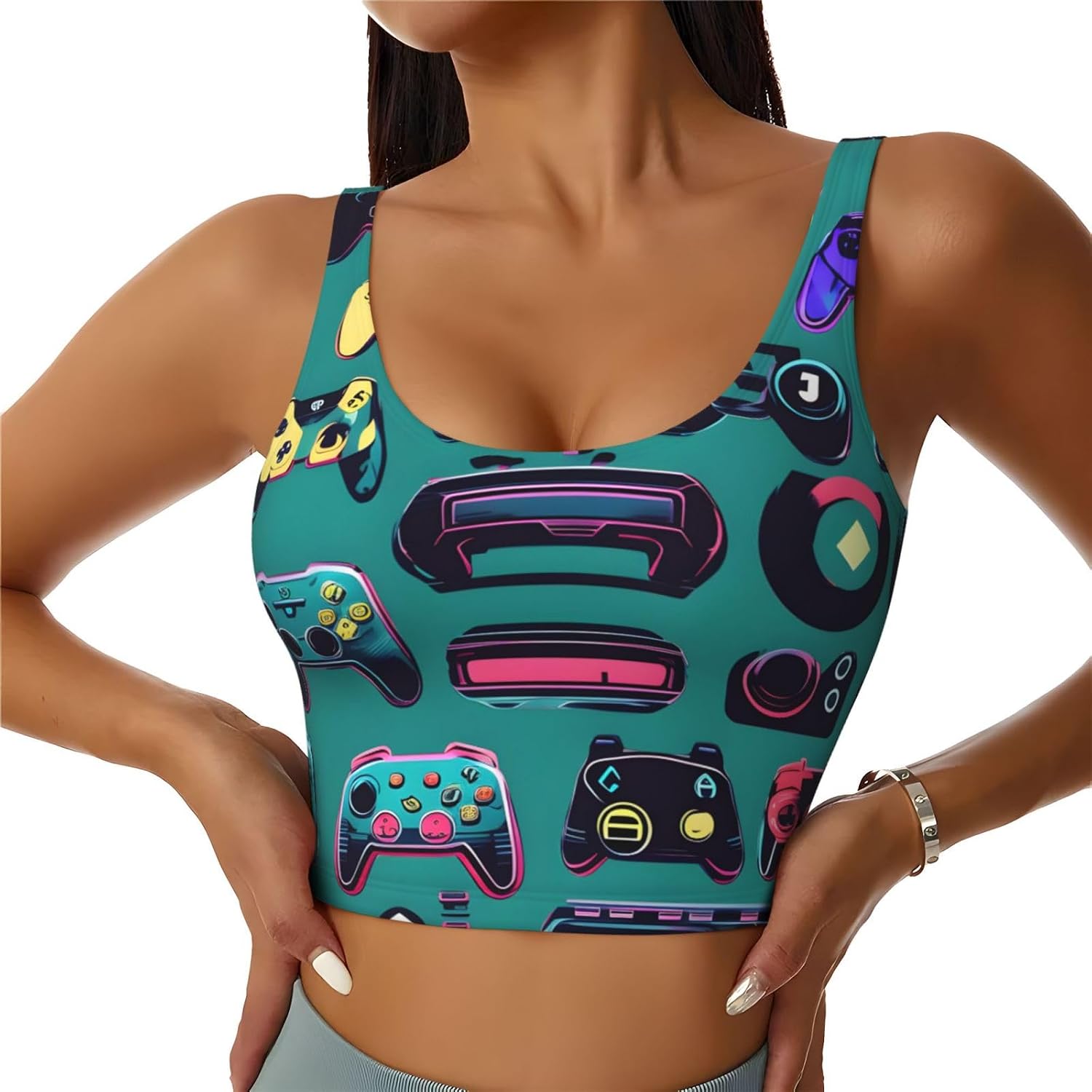 Gaming Controller Patterns Print Women's Strappy Sports Bra, Stretch Gym Bras U Neck Yoga Tops, Comfort Seamless Bra