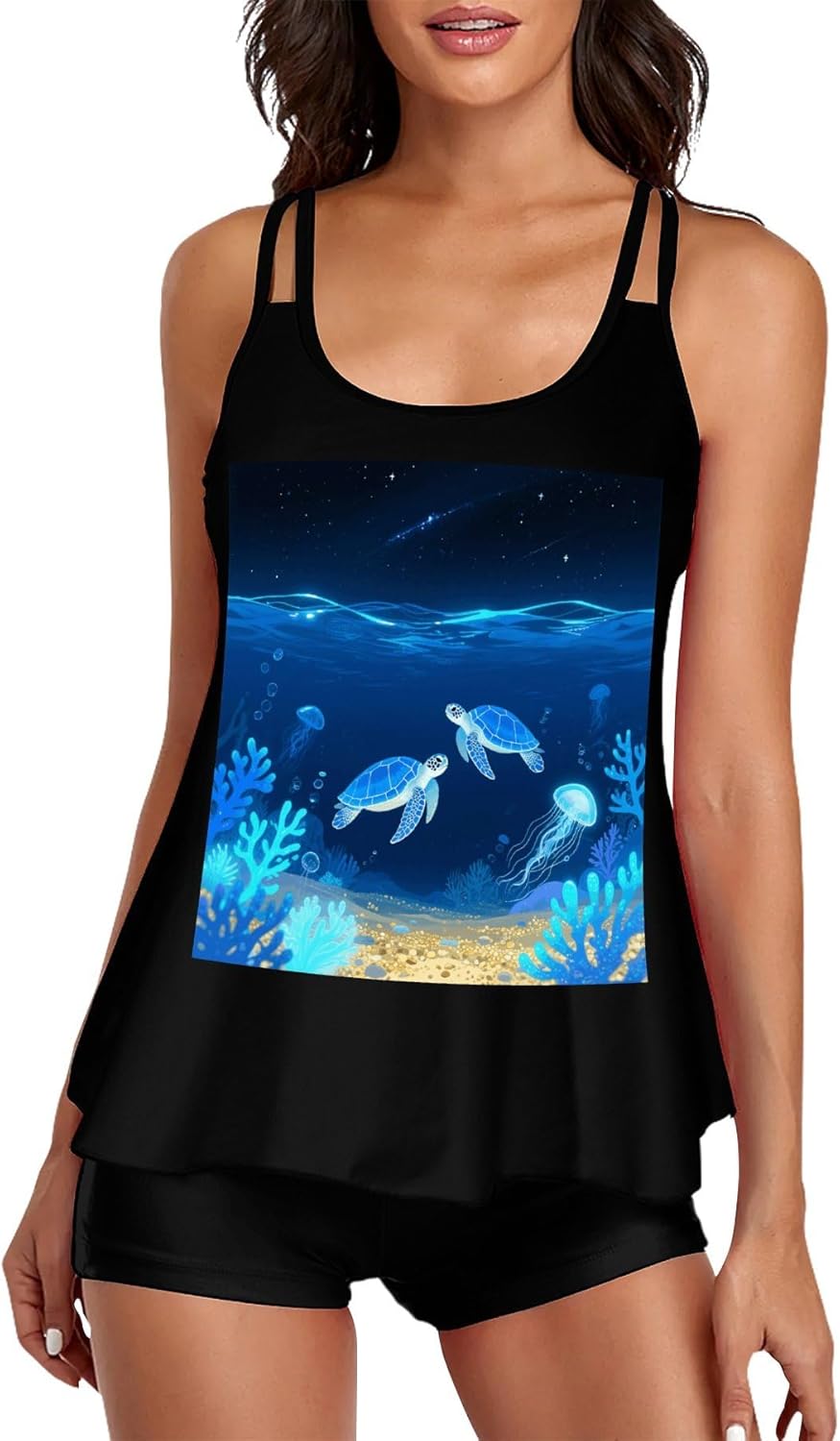 Blue Turtle Tankini Swimsuits for Women Tummy Control Two Piece Bathing Suits Swim Tops with Boy Shorts