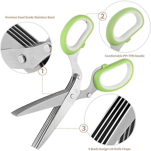 Miniatura 2 de X-Chef - Tijeras de hierbas multiusos con 5 cuchillas de cocina, cortador de hierbas con cubierta de seguridad (verde)