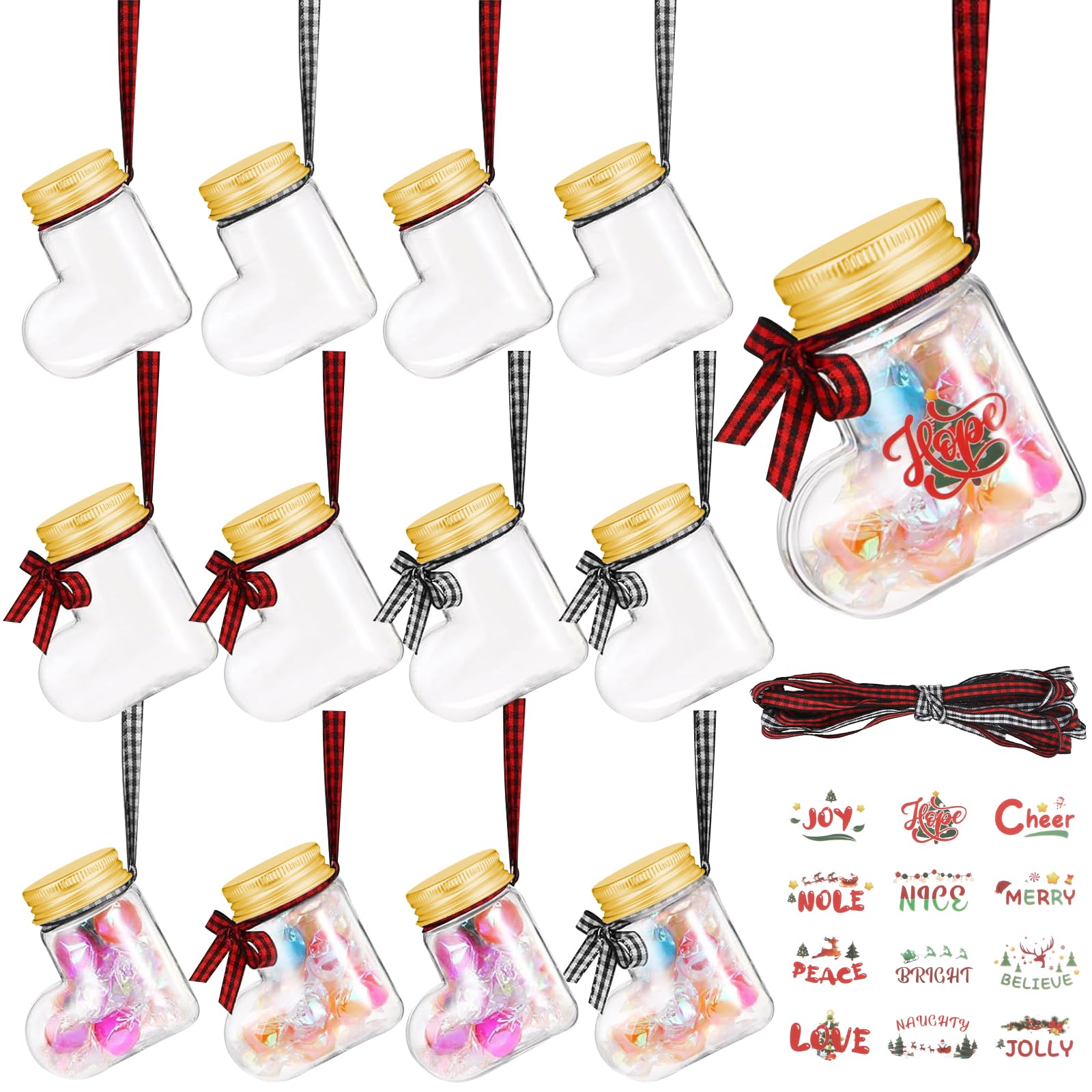 12 Pcs Christmas Booze Balls Fillable Christmas Boot-Shaped Bottle with Stickers Clear Christmas Ornaments Balls for DIY Christmas Tree Fireplace Decorations