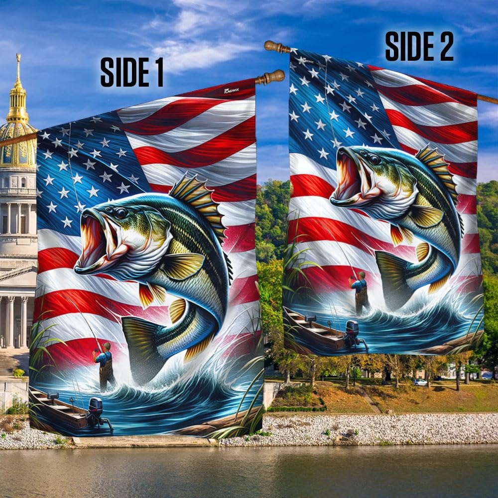 American Flag-Bass Fishing American Flag MLN2930F, Garden Flag (11.5" x 17.5")-USA Flags Premium Polyester-Decorative Indoor Outdoor Flag