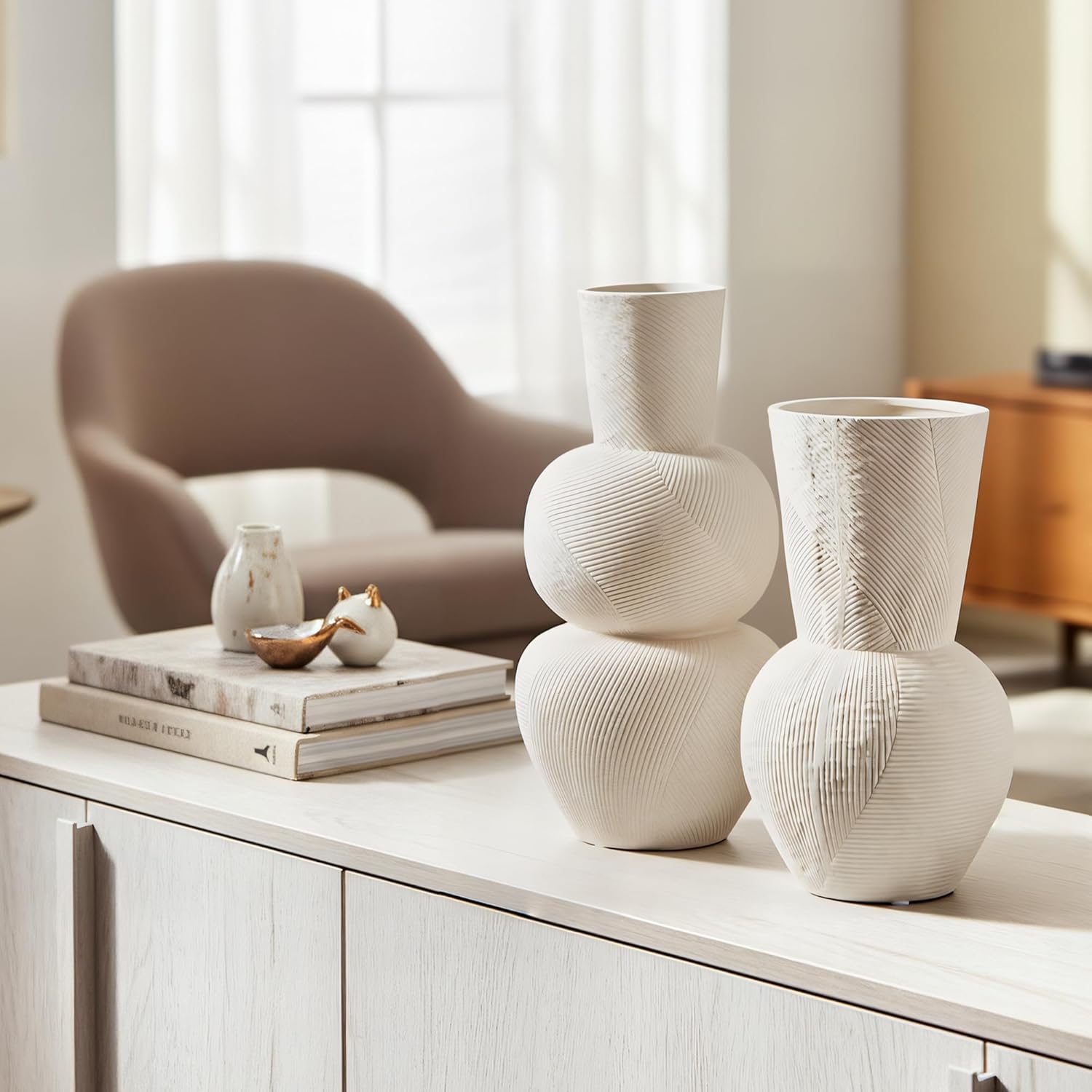 White Textured Ceramic Vase Set of 3 – Modern Decorative Pottery Vases for Boho and Farmhouse Home Decor, Minimalist Flower Vases for Living Room, Shelf, Mantel or Table Display