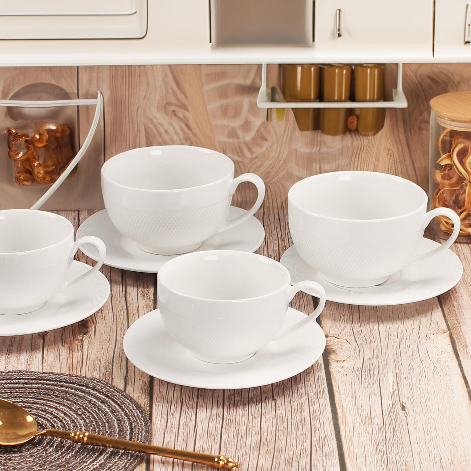 Juego de tazas de café, taza de té de cerámica con platillo, tazas de espresso de 8 piezas, tazas apilables, para café con leche, té caliente, capuchino, moca, cacao, lavavajillas, horno,