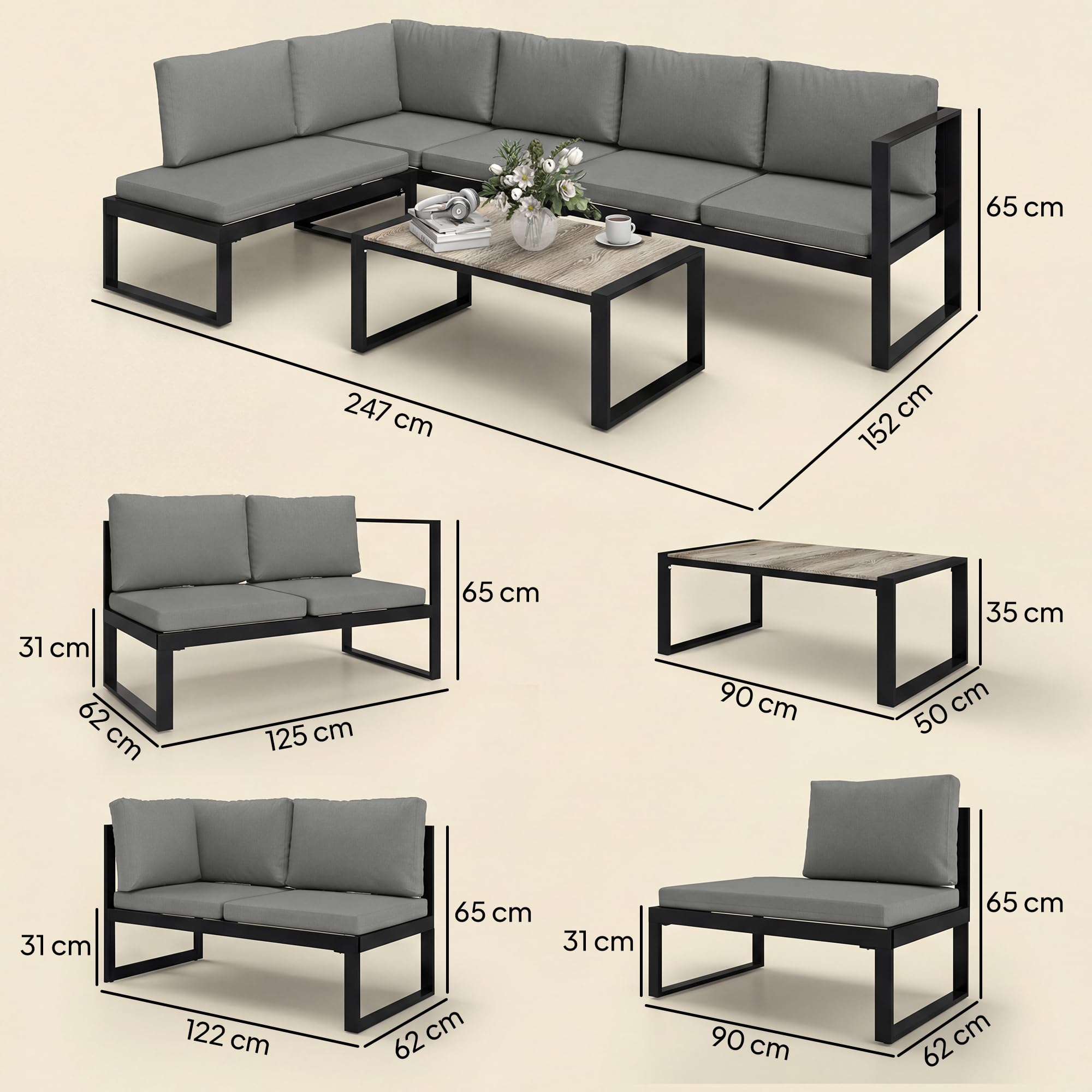Outsunny Salon de Jardin Extérieur d'angle Modulable 5 Personnes Gris