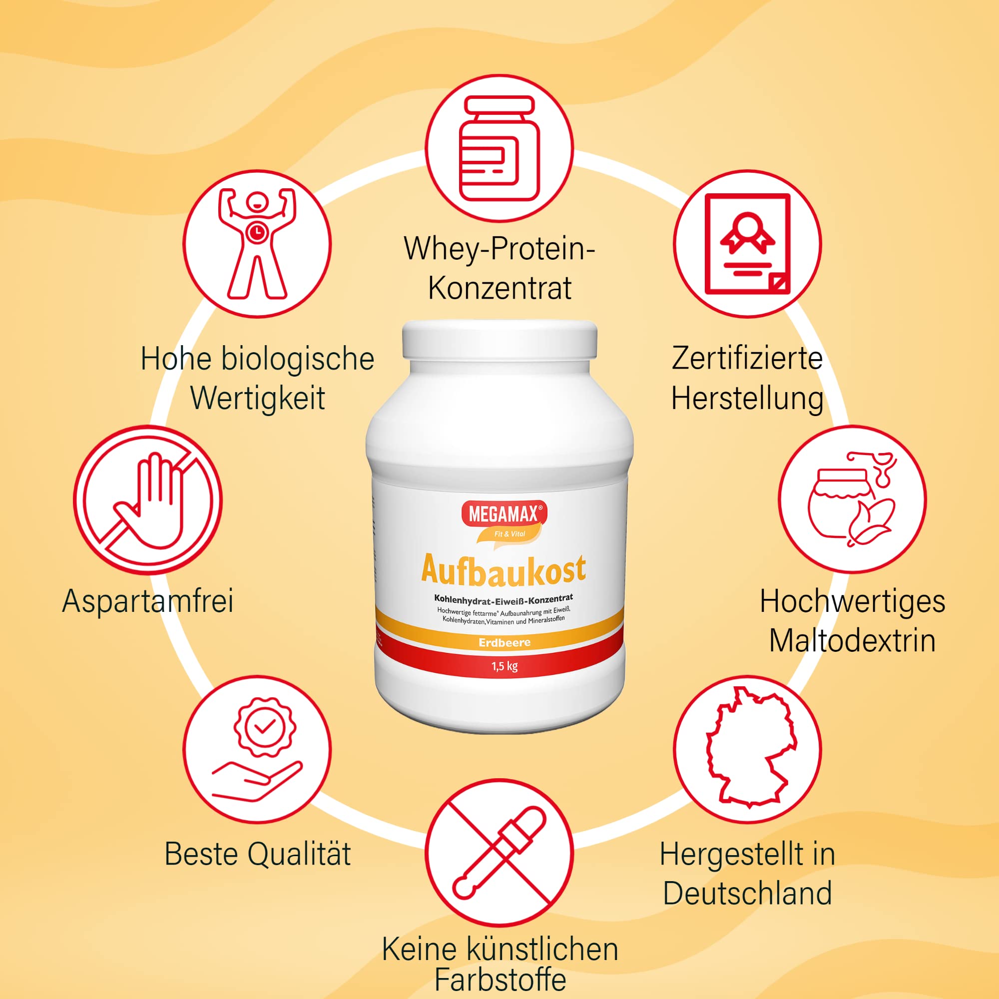 MEGAMAX Aufbaukost Erdbeere 1.5 kg enthält wheyproteinpulver für ein fettarmes Kohlenhydrat-Eiweiß-Getränk- ideal zur Unterstützung von Muskelaufbau, Gewichtszunahme, Kräftigung und bei Untergewicht