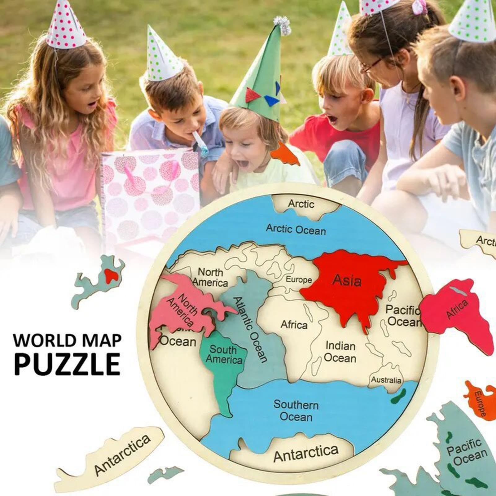 Puzzle de Geografía Juguete de Madera para Aprender Continentes y Colores | Puzzle Colorido del Mapa del Mundo Para Aprendizaje en Casa, Jardín de Infancia, Preescolar