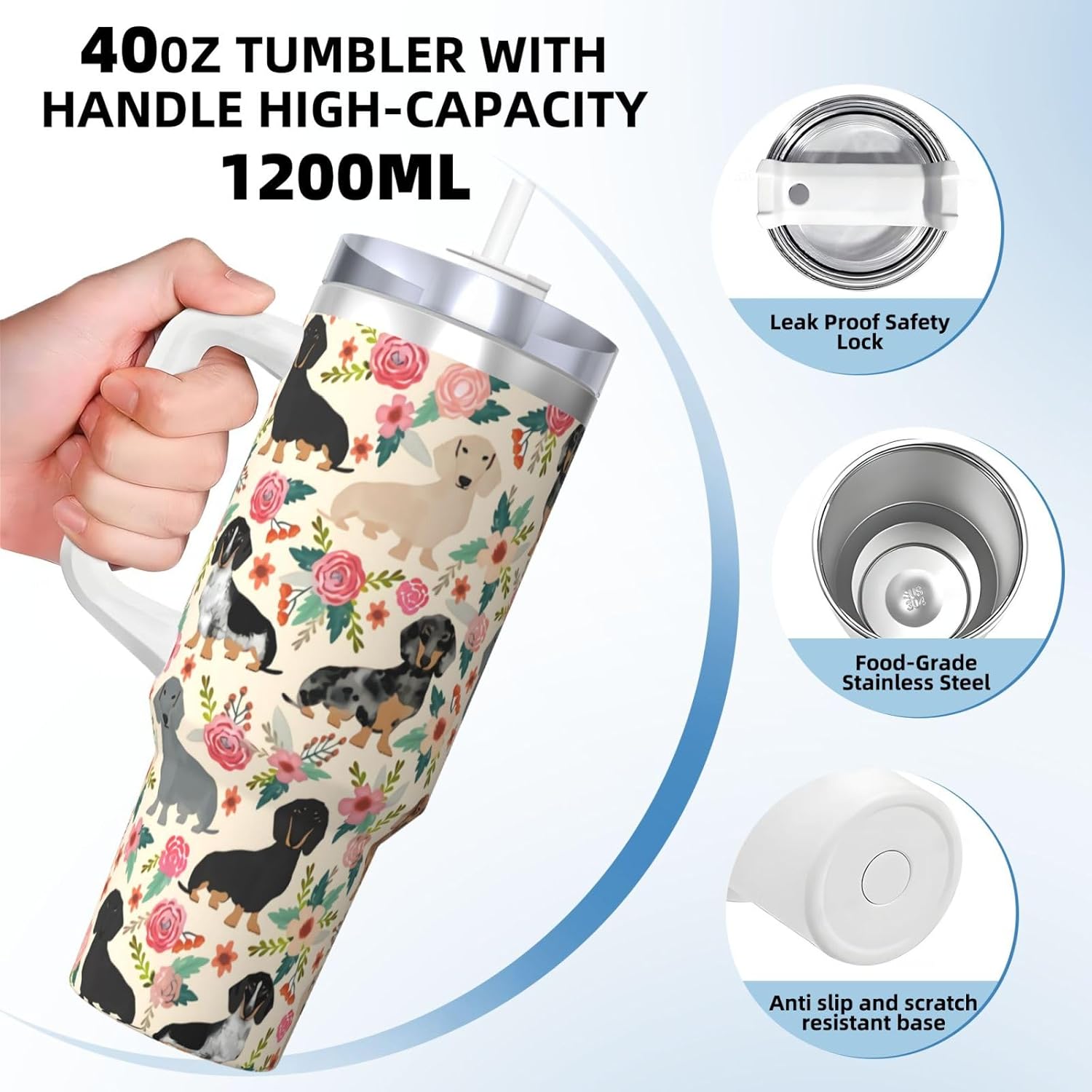 Dachshund Sausage Dogs Pink Flowers Print 40 oz Tumbler with Handle and Straw Lid | Insulated Cup Reusable Stainless Steel Water Bottle Travel Mug Cupholder Friendly | Gifts for Women Men Him Her - Image 4