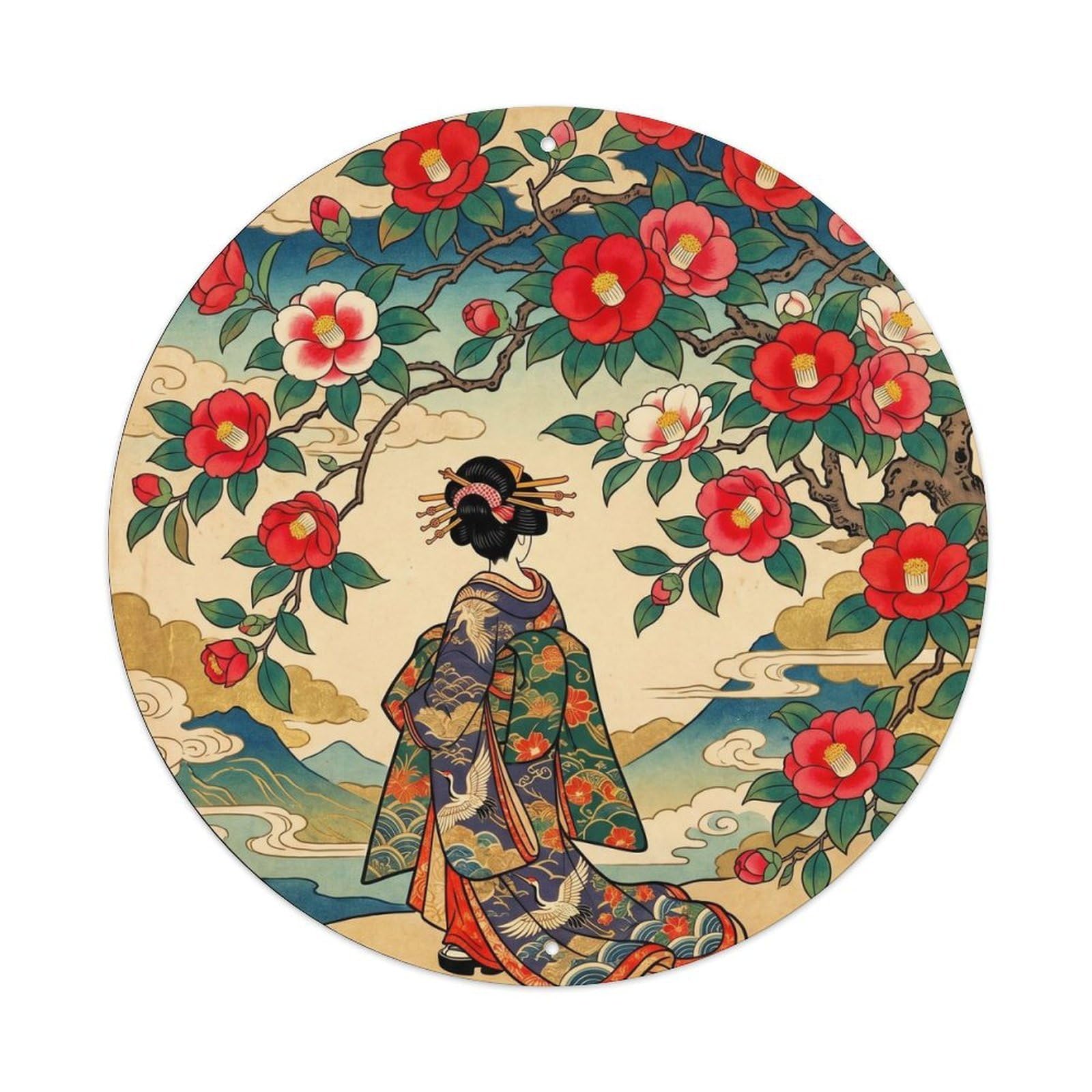 Galvaxio Style Japanese Kimono Woman Viewing Camellia Flowers Vivid Metal Tin Sign