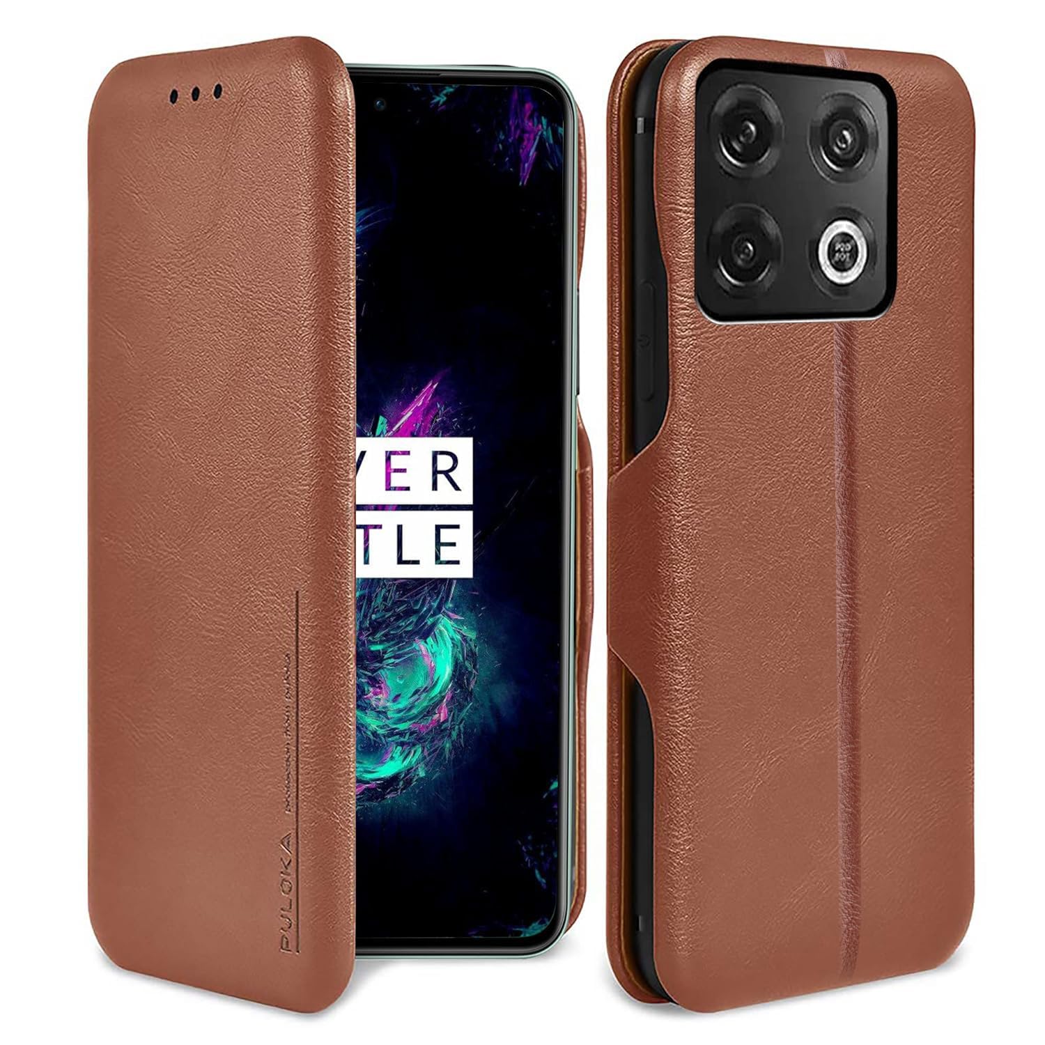 PULOKA for OnePlus 10 PRO - Sleek Flip Case - Premium Vegan Leather Phone Cover with Card Slot - Slim, Durable, Privacy Protection, Shockproof - Kickstand Function - Elegant Flip Wallet Cases - Brown