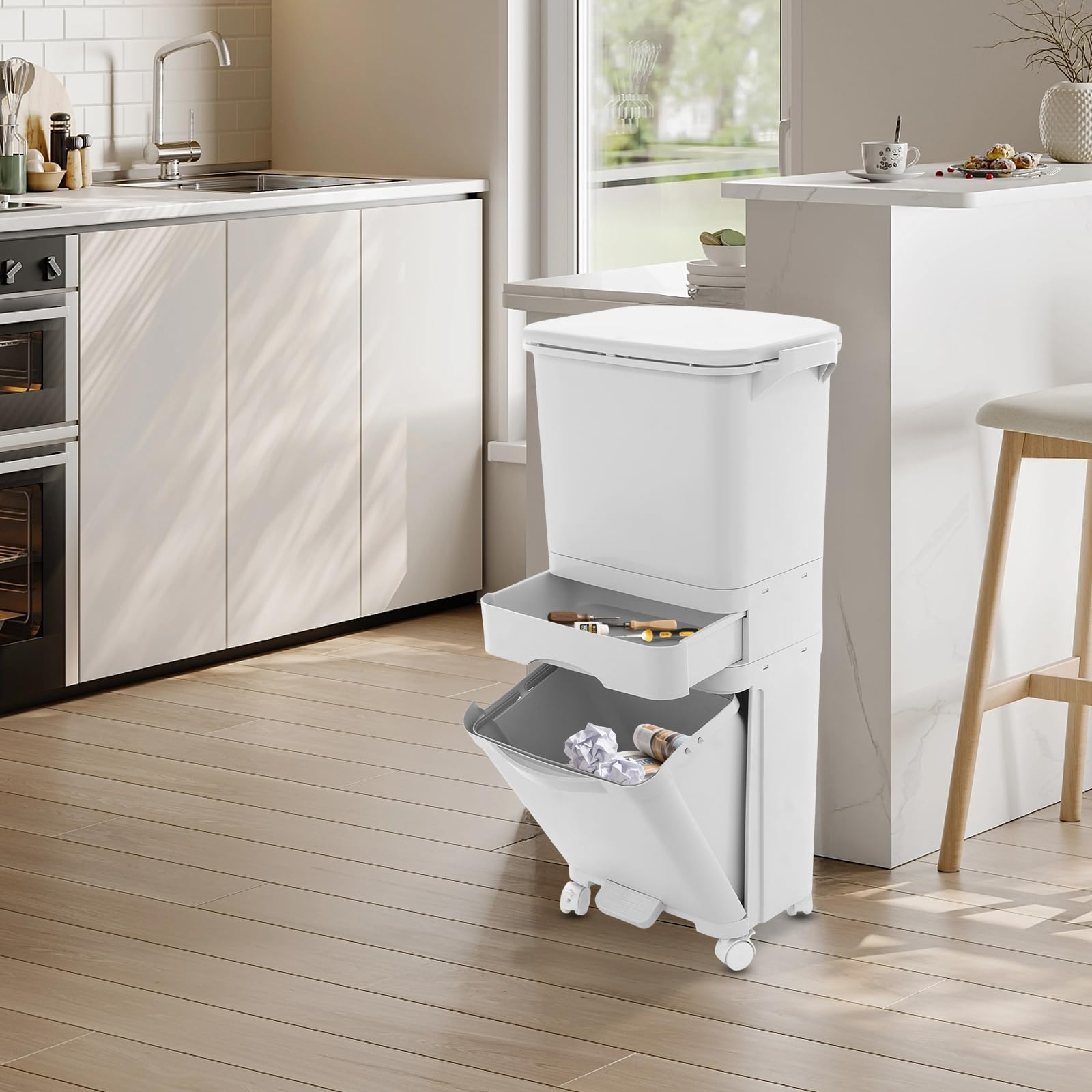 Papelera de cocina 42L con 3 compartimentos, papelera de cocina, papelera de separación de residuos secos y húmedos con ruedas, papelera con pedal y tapa sobre ruedas para cocina, hogar y