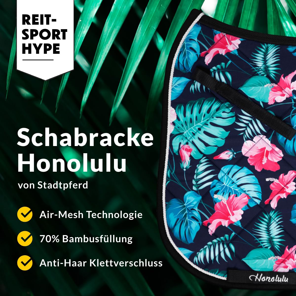 Premium Schabracke Honolulu ✓ Air-Mesh Technologie ✓ Füllung 70% Bambus & 30% Polyester ✓ Anti-Haar Klettverschluss • Schabracke Dressur - Schabracke Pferd - Schabracke Set - Schabracke blau