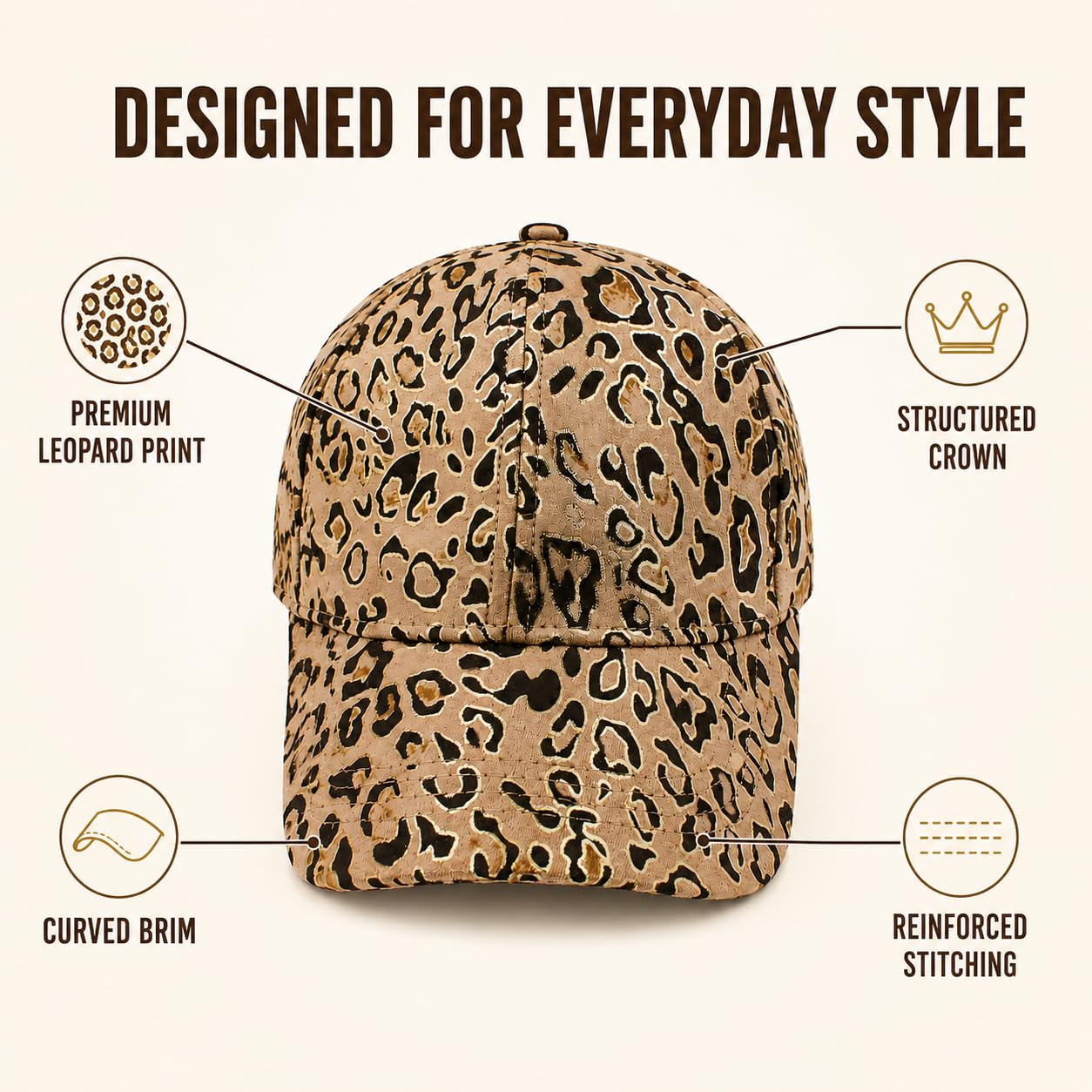 VRITRAZ Leopard Print Baseball Cap for Women & Girls | Adjustable Metal Buckle, Curved Brim & Structured Crown | Stylish Fashion Cap for Casual Wear, Travel, Outdoor, Sports & Gifting (Brown) 3