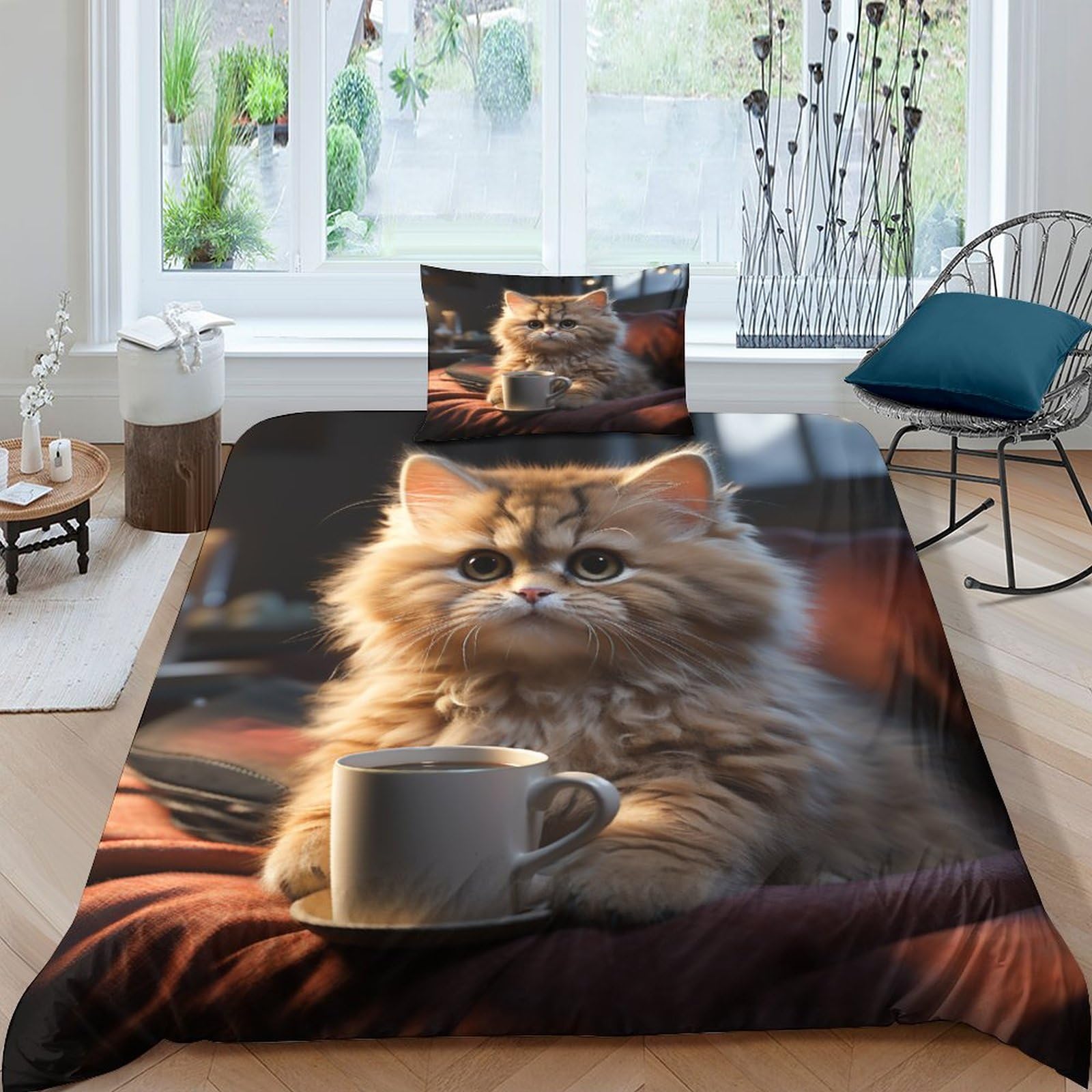 Parure de lit housse de couette chat ensemble de literie avec taie d'oreiller