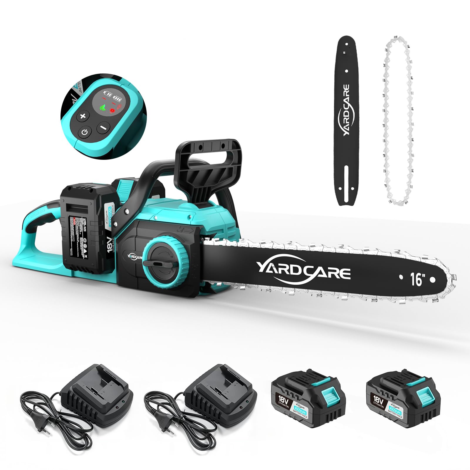YARDCARE Motosierra a batería de 16 pulgadas, motor brushless de 1600 W, velocidad de cadena 21 m/s, con pantalla LED y 2 baterías de 4 Ah, tensado sin herramientas y lubricación automática