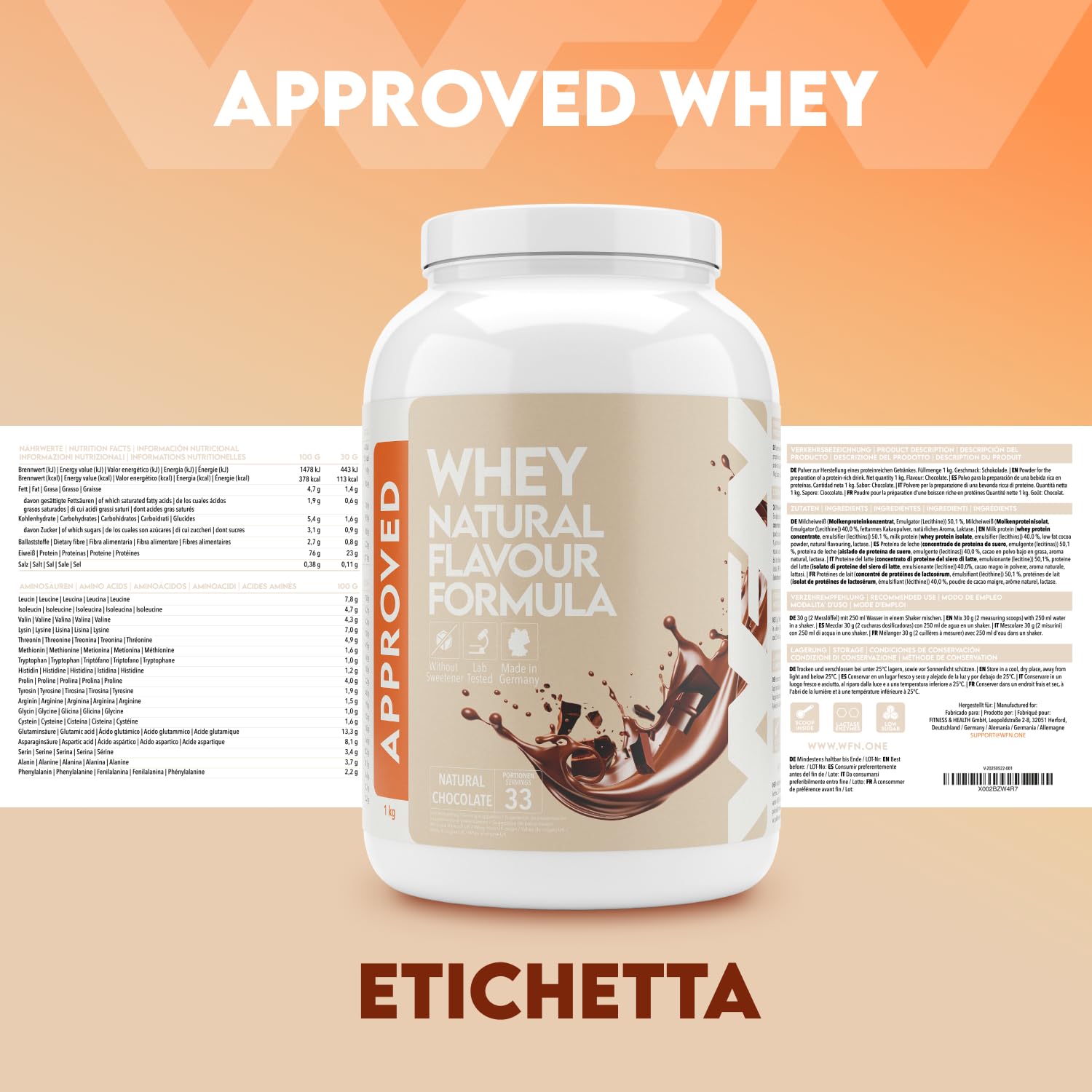 WFN Approved Whey Proteine in Polvere – Natural Chocolate – Senza Edulcoranti e Senza Zuccheri Aggiunti – 1 kg – Con Lattasi – Prodotto e Testato in Laboratorio in Germania