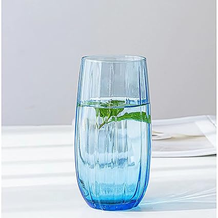 Mivana Premium Juice Glasses 450 ML Drinking Glasses, Highball Lead-Free Glasses, Tumblers for Water, Juice, Beer, Cocktail and Mixed Drinks - 6 Pieces, Transparent (Blue- 05, 4 Count (Pack of 1))