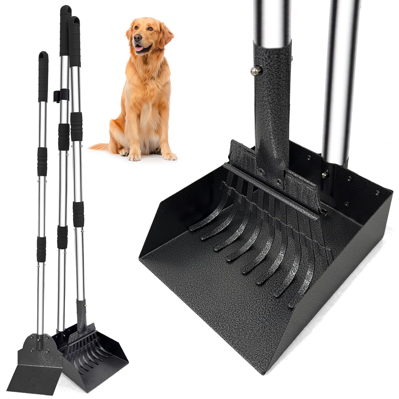 Niubya Dog Pooper Scooper for Grass Patio Garden, 38" (96cm) Adjustable No-Bend Long Handle, Metal Rake & Scoop Kit, 3 Pack