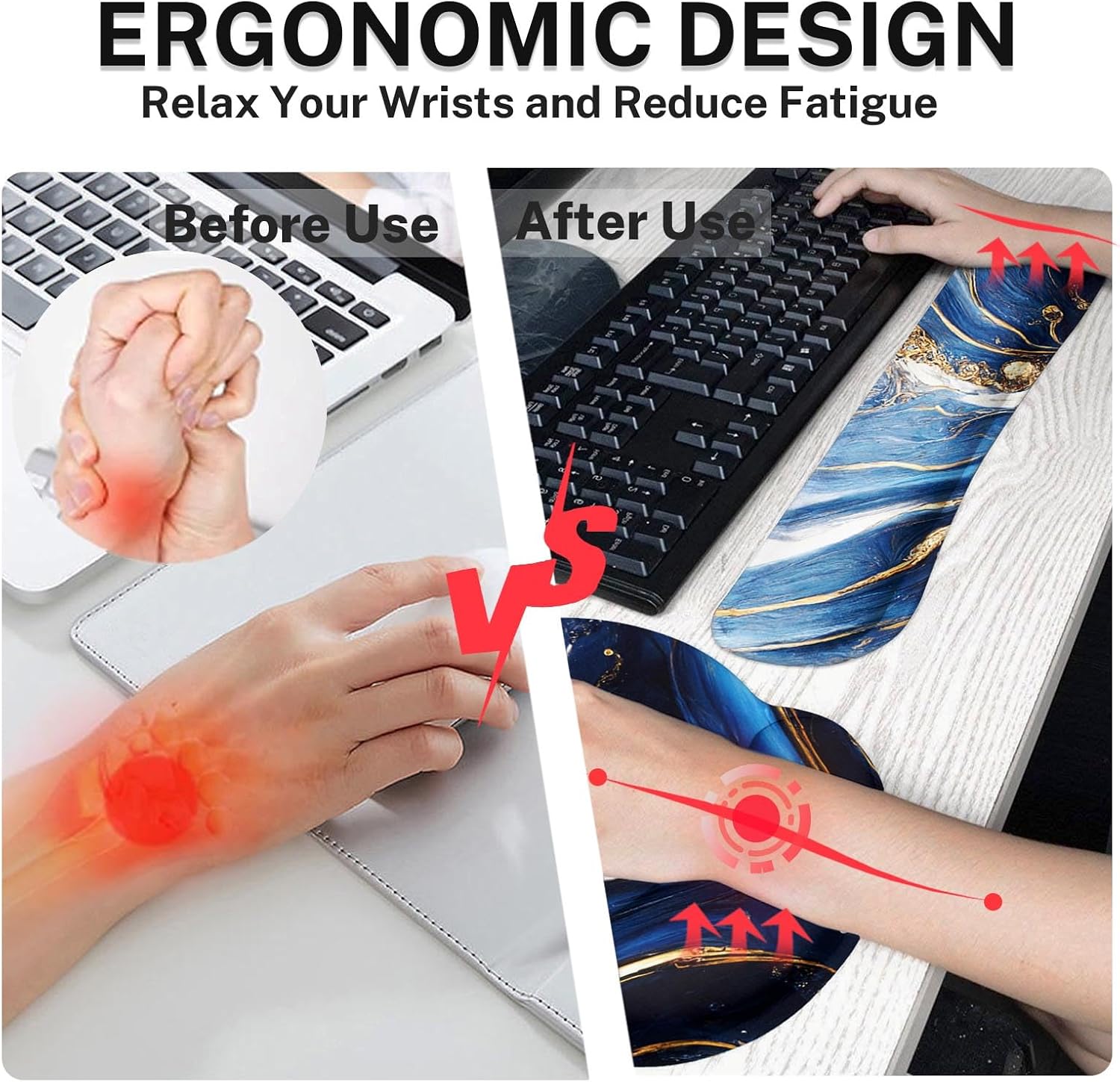 Britimes Blue and Gold Marble Keyboard Mouse Pad Set 4in1 Large Mousepad+Keyboard Wrist Rest+Mouse Wrist Rest+Coaster Set with Ergonomic Design for Home Office Computer 35.4x15.7 inches