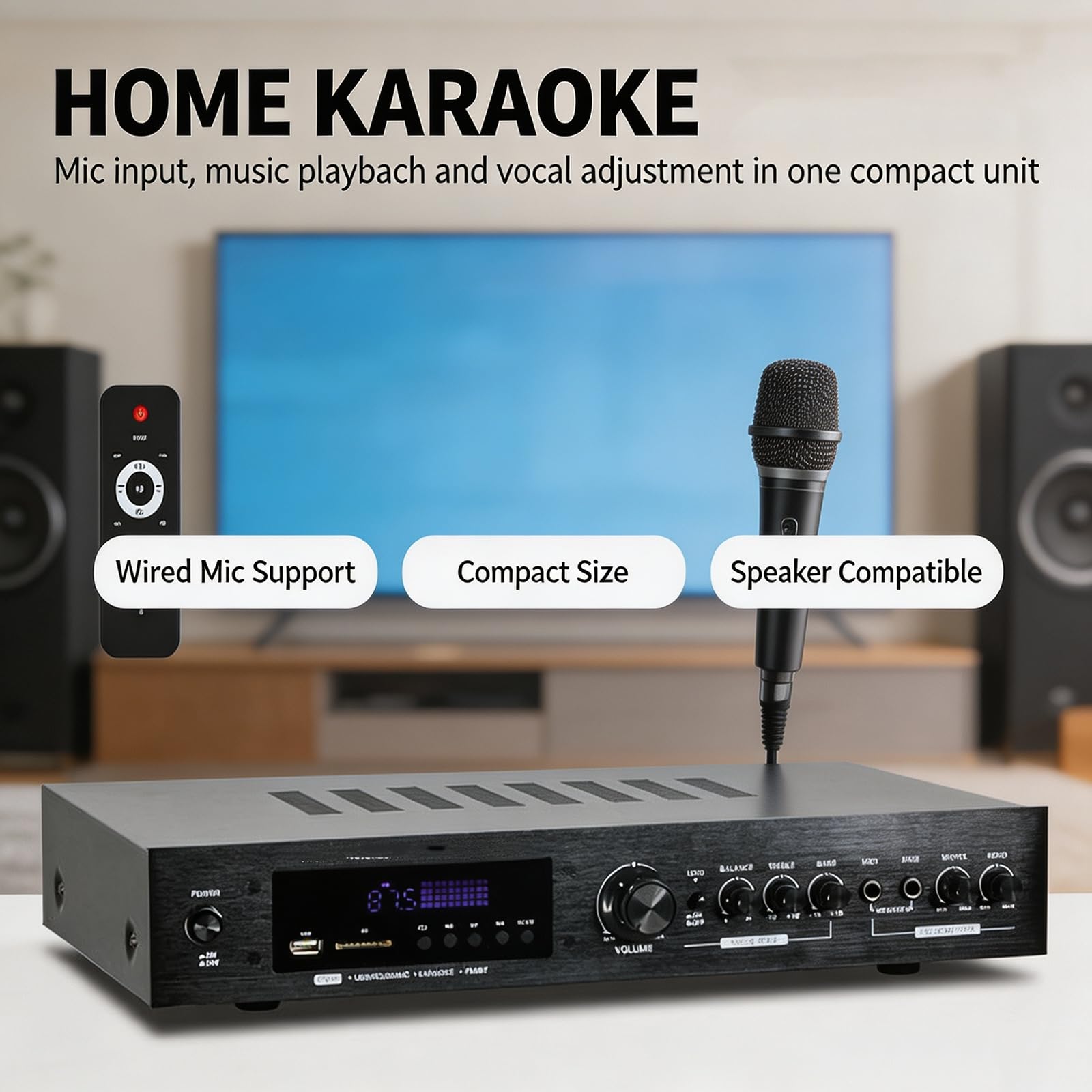 Amplificador Bluetooth Karaoke Mini Amp Inalámbrico, Amplificador Receptor Estéreo De 5 Canales Y Amplificadores Con Lcd, Entrada De Fibra Óptica Y Coaxial, Conector, Entrada De Micrófono Usb