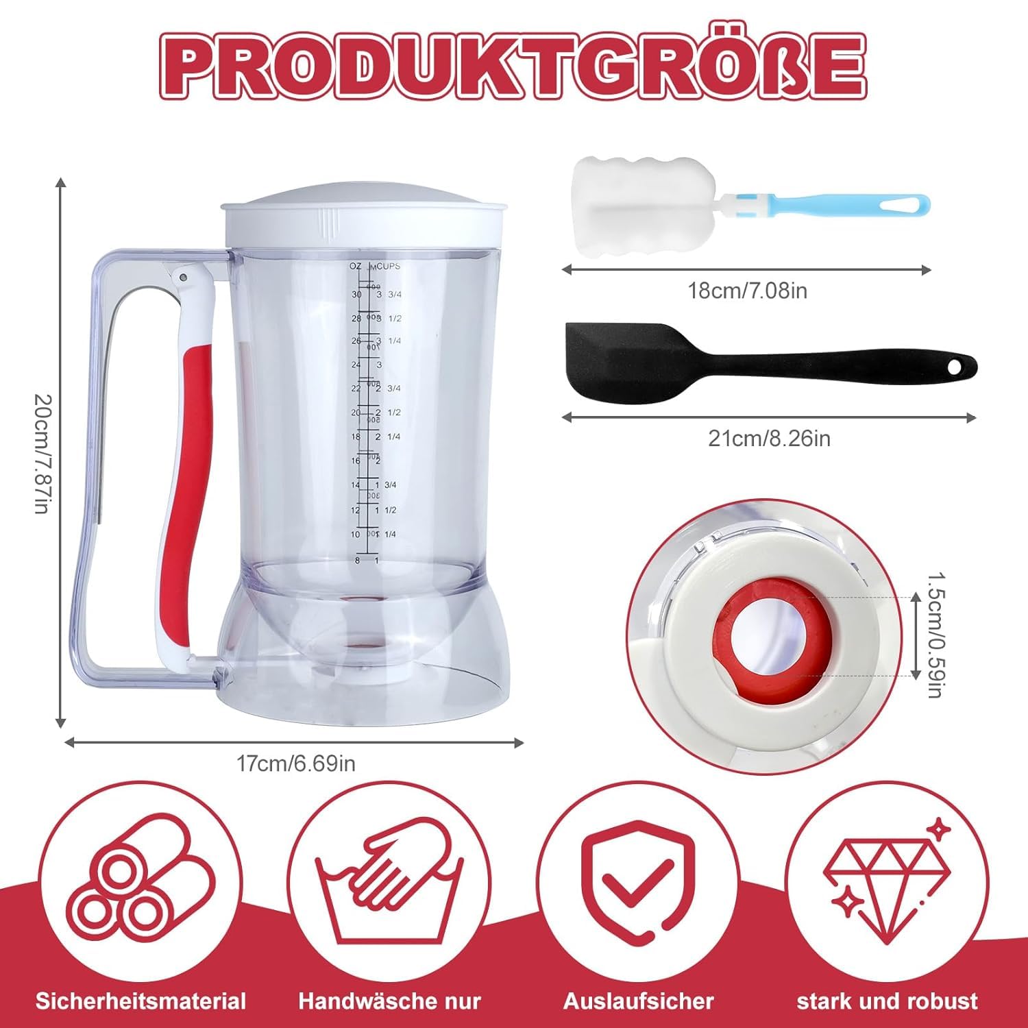 Dispensador de Masa 900ML Batter Dispenser con Mango de Resorte Diseño Transparente Dispensador de Masa con Escala para Muffins, Panqueques, Gofres