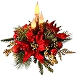 Christmas Decorations,Christmas Floral Arrangement Centerpiece for Table, Golden Flameless Candles Red Poinsettia Flower Golden Pine Cones Berries and Ball Ornaments Holiday Winter Decorations