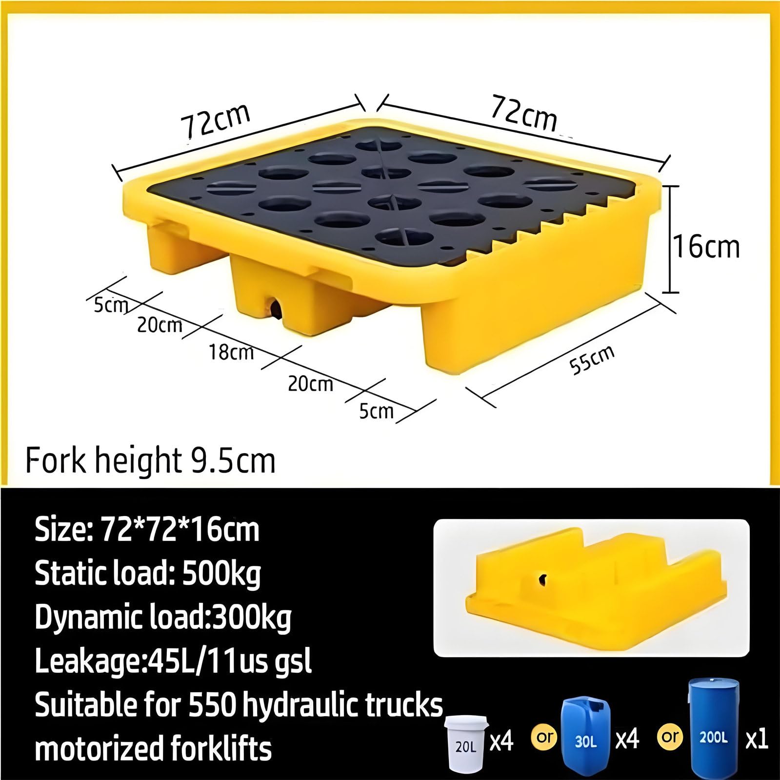 Robuste, modulare Auffangwanne mit Ablauf und Gabelstaplerschnittstelle – stapelbare Auffangwanne, geeignet für industrielle Öl- und Chemikalienbehälter, 72 x 72 x 16 cm Polyethylen.