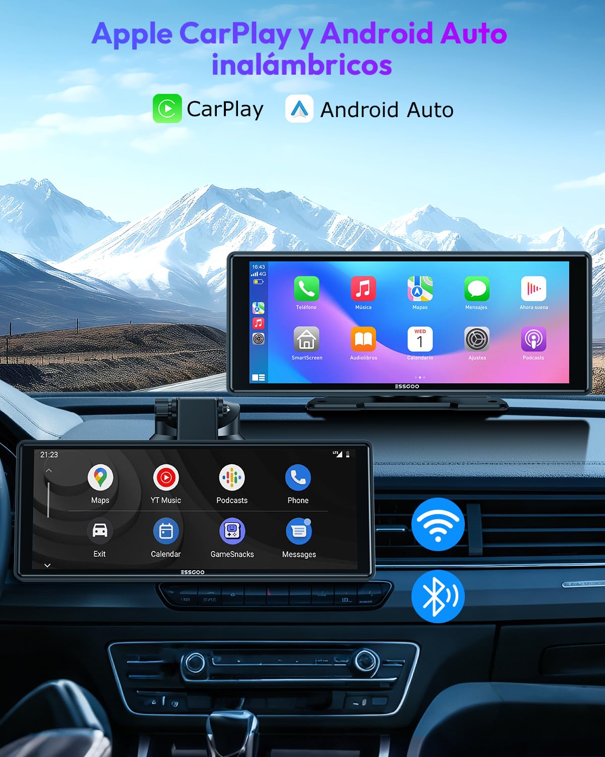 ESSGOO Pantalla Carplay Coche con Cámara Retrovisora,10 Pulgadas Apple Car Play Android Auto Inalámbrico,Pantalla Táctil Portátil Radio Coche con Bluetooth,Airplay,Mirror Link,FM,AUX,Siri,Navegación