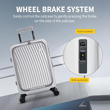 OIWAS Carry On Luggage with Cup Holder, Top Opening Carry On Suitcase with USB Port, Phone Holder, One-Click Brake, Top Lid Opening Hardside Luggage for Travel, Business Trip, Silver