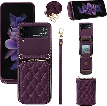 Wallet Case for Samsung Galaxy Z Flip 3 5G 2021 with Wrist Strap Crossbody Shoulder Strap Mutiple Card Slots Zipper Purse, Luxury PU Leather Stand Phone Cover for ZFlip3 Z3 Flip3 3Z Deep Purple