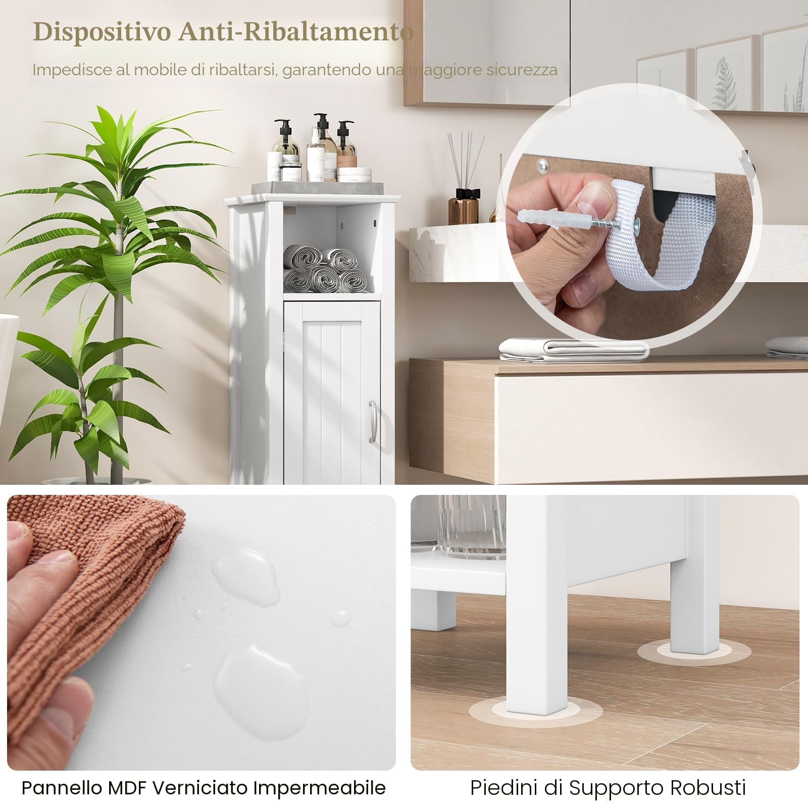 LIFEZEAL Mobile Bagno, in Legno, Mobiletto Bagno Salvaspazio, con Anta e Scomparto Aperto, Ripiano Regolabile, Armadietto Indipendente, 30x30x80 cm, Mobiletto Salvaspazio per Soggiorno (bianco)