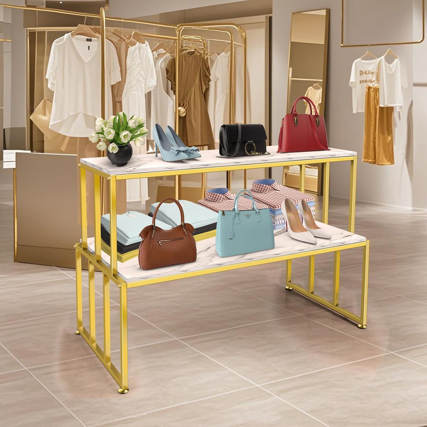 2 Tier Retail Display Table for Shoes & Handbags, Gold Metal and Wood Boutique Display Stand, Heavy Duty Display Riser Shelf for Clothing Stores, Vendor Events, Showroom & Home, 45.2"