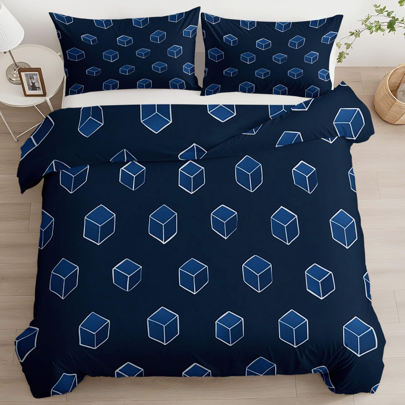 Parure de lit adulte 200x200 bleu réversible imprimée style japonais